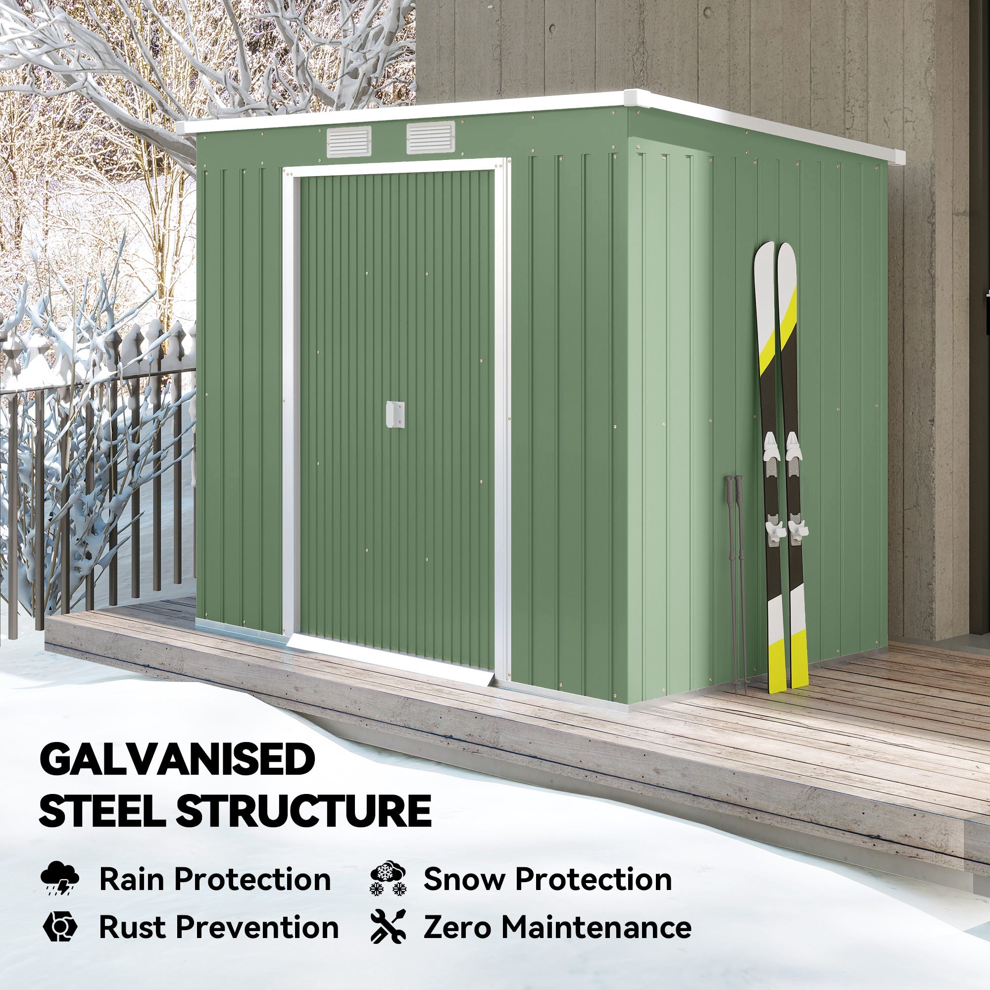 Outsunny 7 x 4ft Lean to Garden Shed with Foundation Kit, Double Door and Vents, Outdoor Metal Storage Shed for Equipment Tools, Green