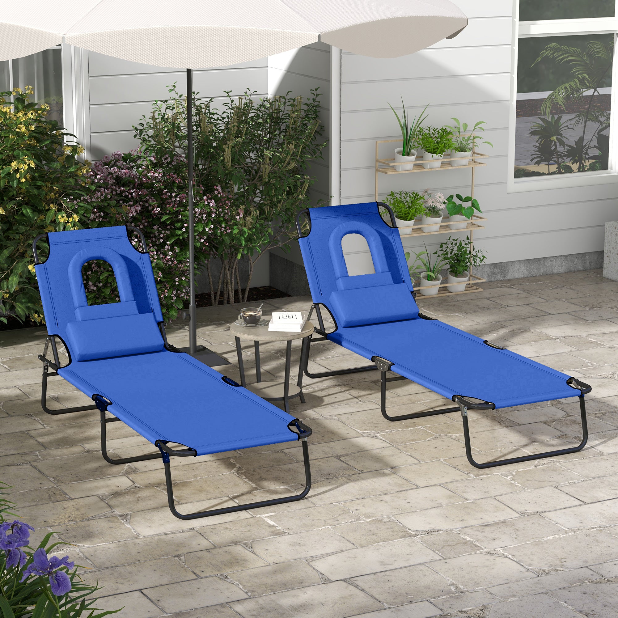 Outsunny Folding Sun Loungers Set of 2 with Face Hole, 4-Position Adjustable Backrest Garden Recliner Chairs Sunbeds, Outdoor Lounge Chairs with 600 D Oxford Cloth Seat, Pillow for Beach, Blue