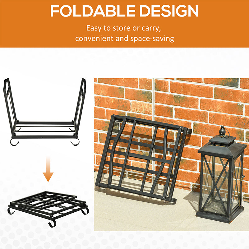 Outsunny Metal Firewood Log Holder Indoor Outdoor Folding Firewood Rack Fireplace Wood Storage Shelf w/ Scrolls, Rust-Resistant, Black, 48L x 34W x 37Hcm - North Peak Garden Furniture