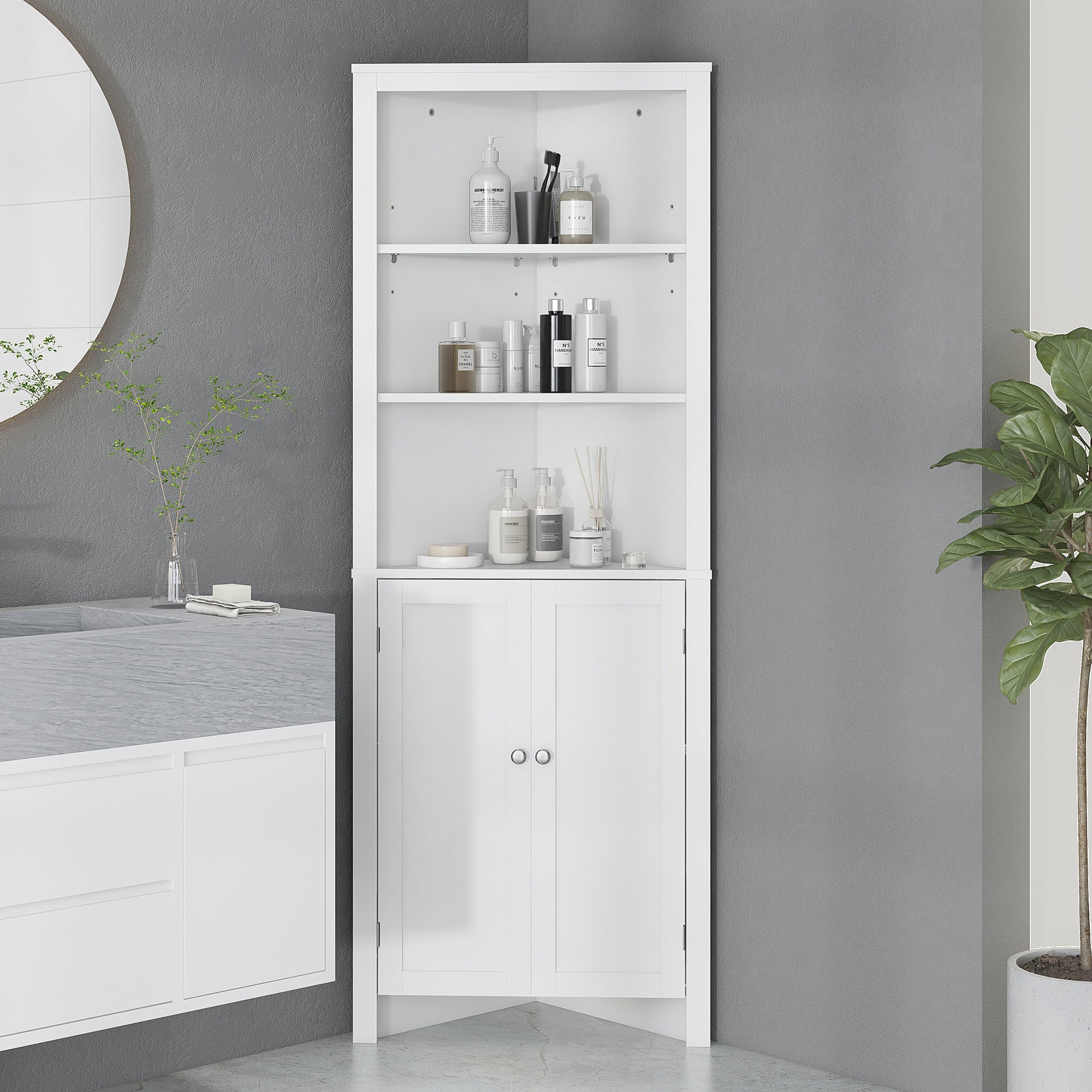 kleankin Triangle Bathroom Cabinet, Corner Bathroom Storage Unit with Cupboard and 3-Tier Shelves, Free Standing, White - North Peak Garden Furniture