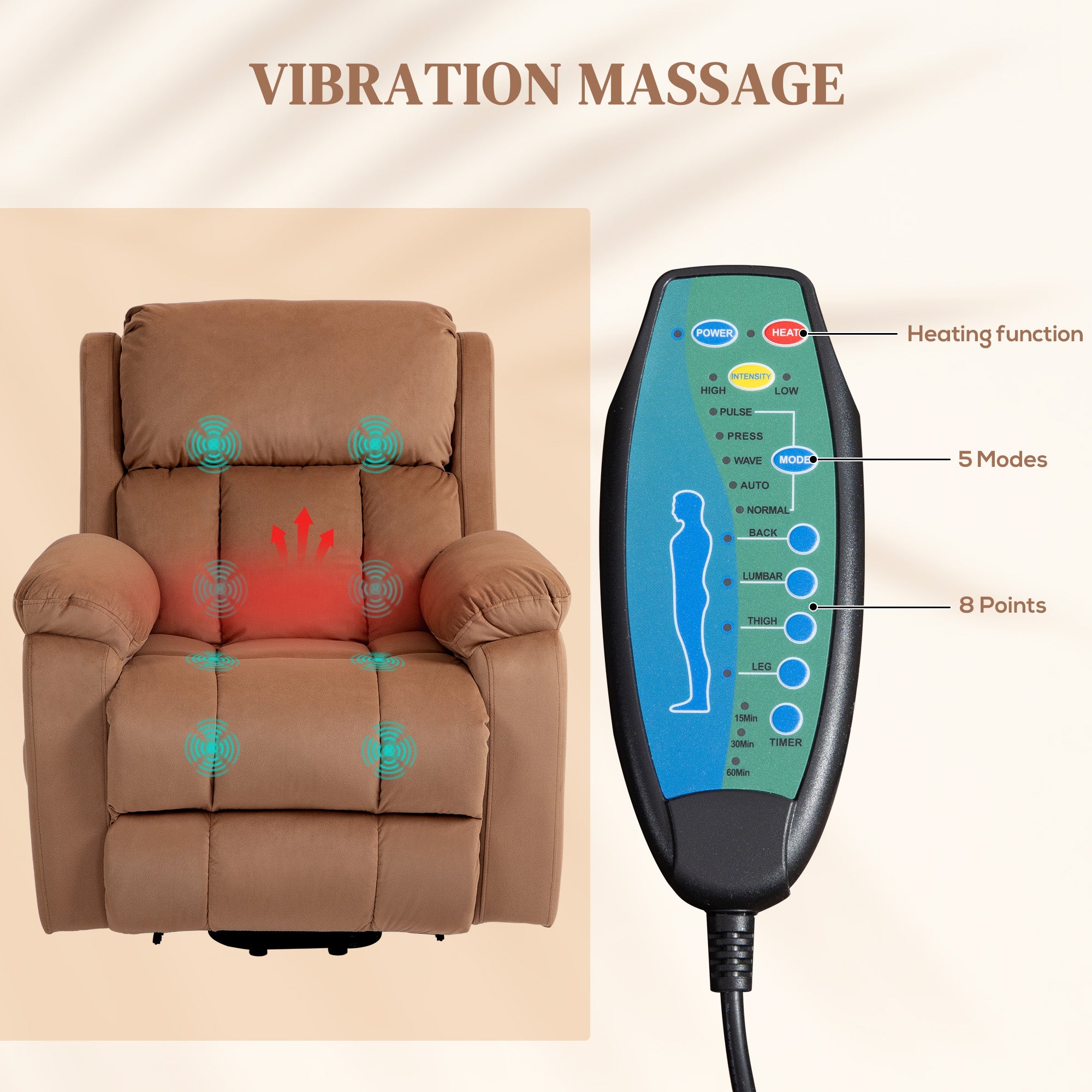 HOMCOM Eight Massage Point Electric Reclining Lift Chair, with Remote - Brown - North Peak Garden Furniture