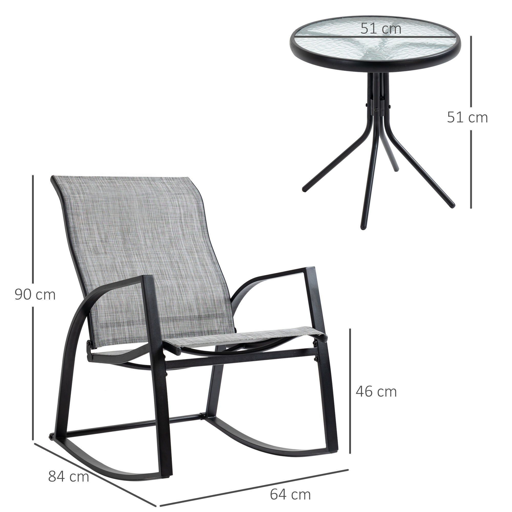 Outsunny Patio Bistro Set: 2 Rocking Chairs & Tempered Glass Table, Ideal for Garden & Poolside, Grey |