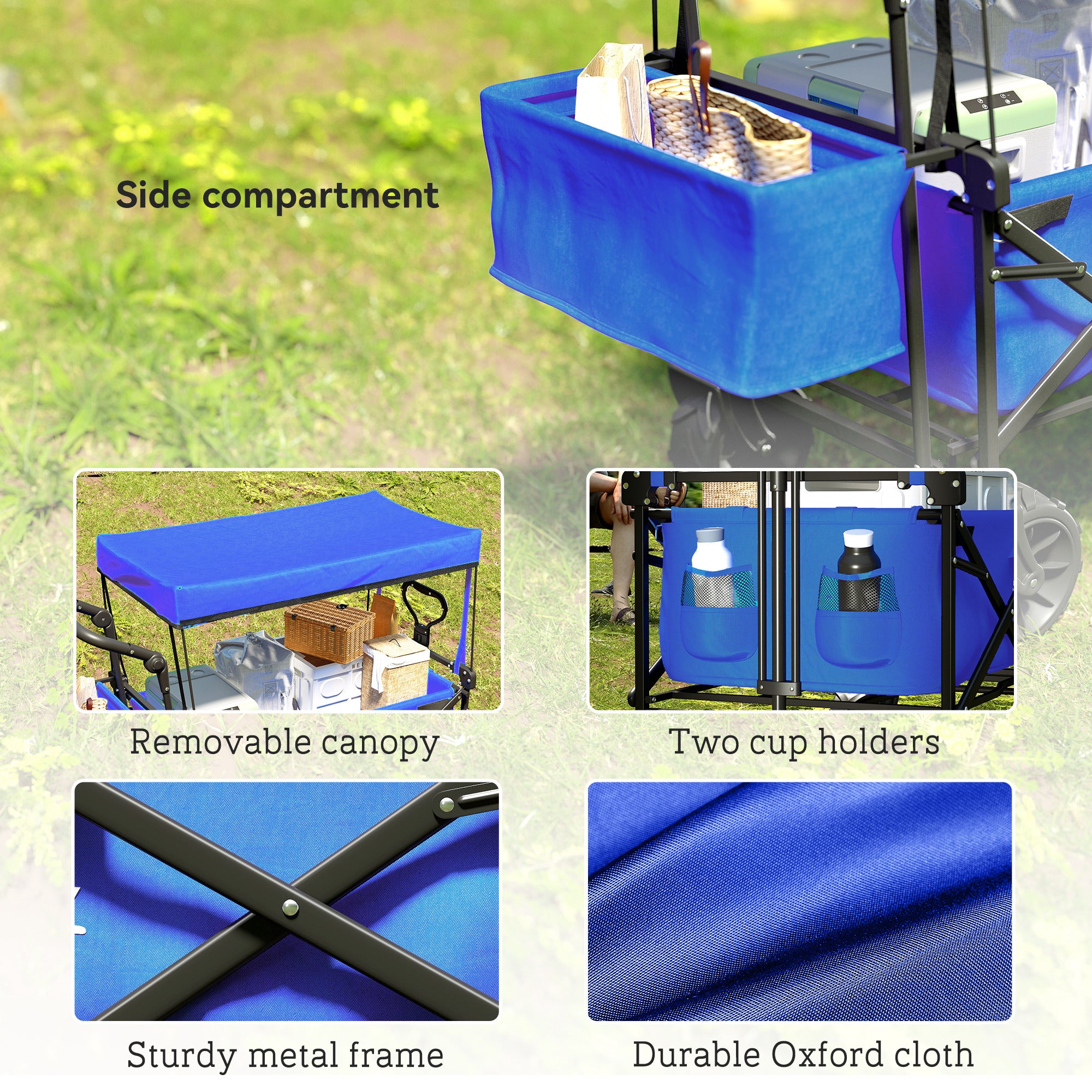 Outsunny Folding Trolley Cart Storage Wagon Beach Trailer 4 Wheels with Handle Overhead Canopy Cart Push Pull for Camping, Blue - North Peak Garden Furniture