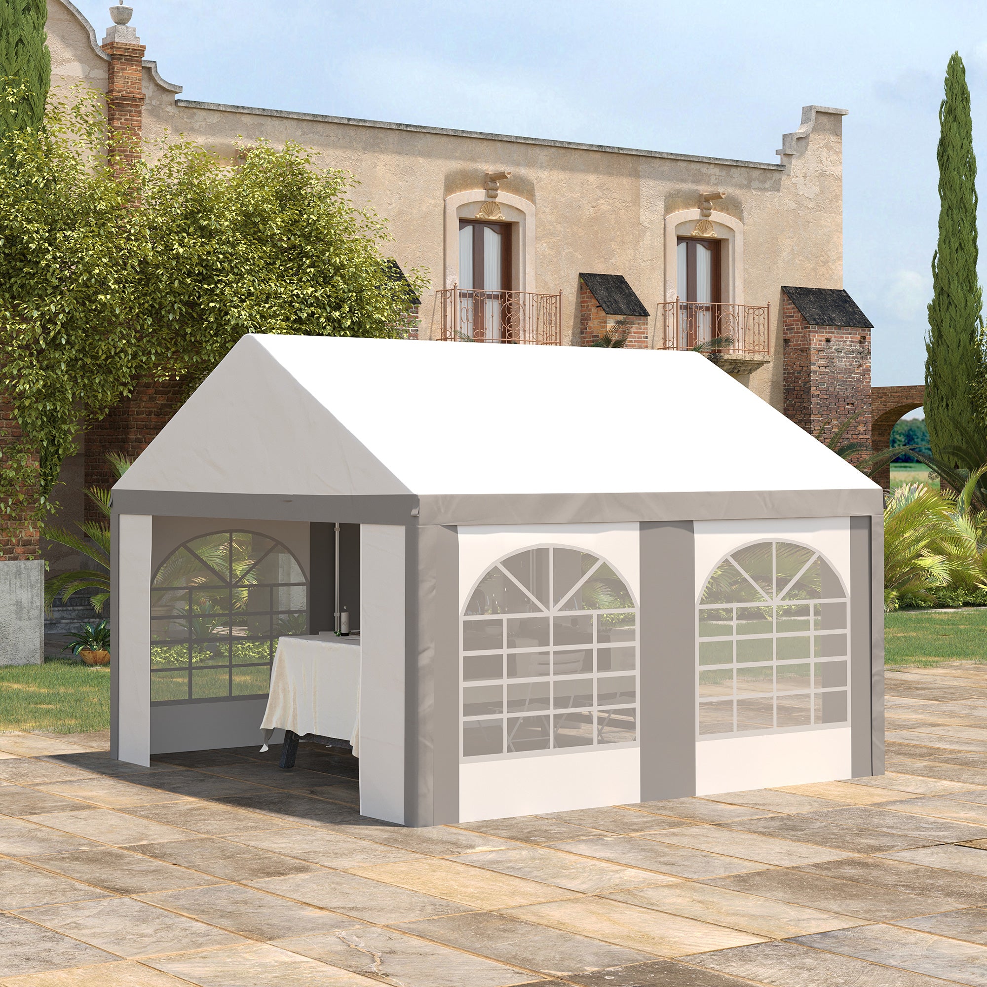 Outsunny 4 x 4m Galvanised Party Tent, Marquee Gazebo with Sides, Four Windows and Double Doors, for Parties, Wedding and Events - North Peak Garden Furniture
