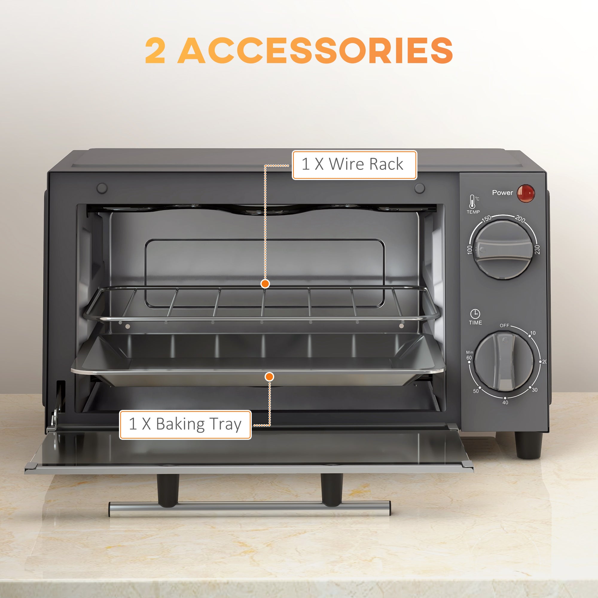 HOMCOM Mini Oven, 9L Countertop Electric Grill, Toaster Oven with Adjustable Temperature, Timer, Dishwasher Safe Baking Tray and Wire Rack, 750W, Grey - North Peak Garden Furniture