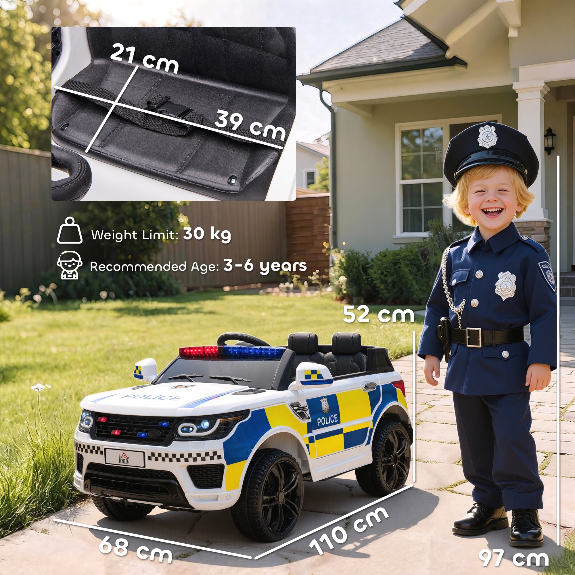HOMCOM 12V Kids Electric Ride On Police Car 2 Motors with Parental Remote Control Siren Flashing Lights USB Portable for 3-6 Years White