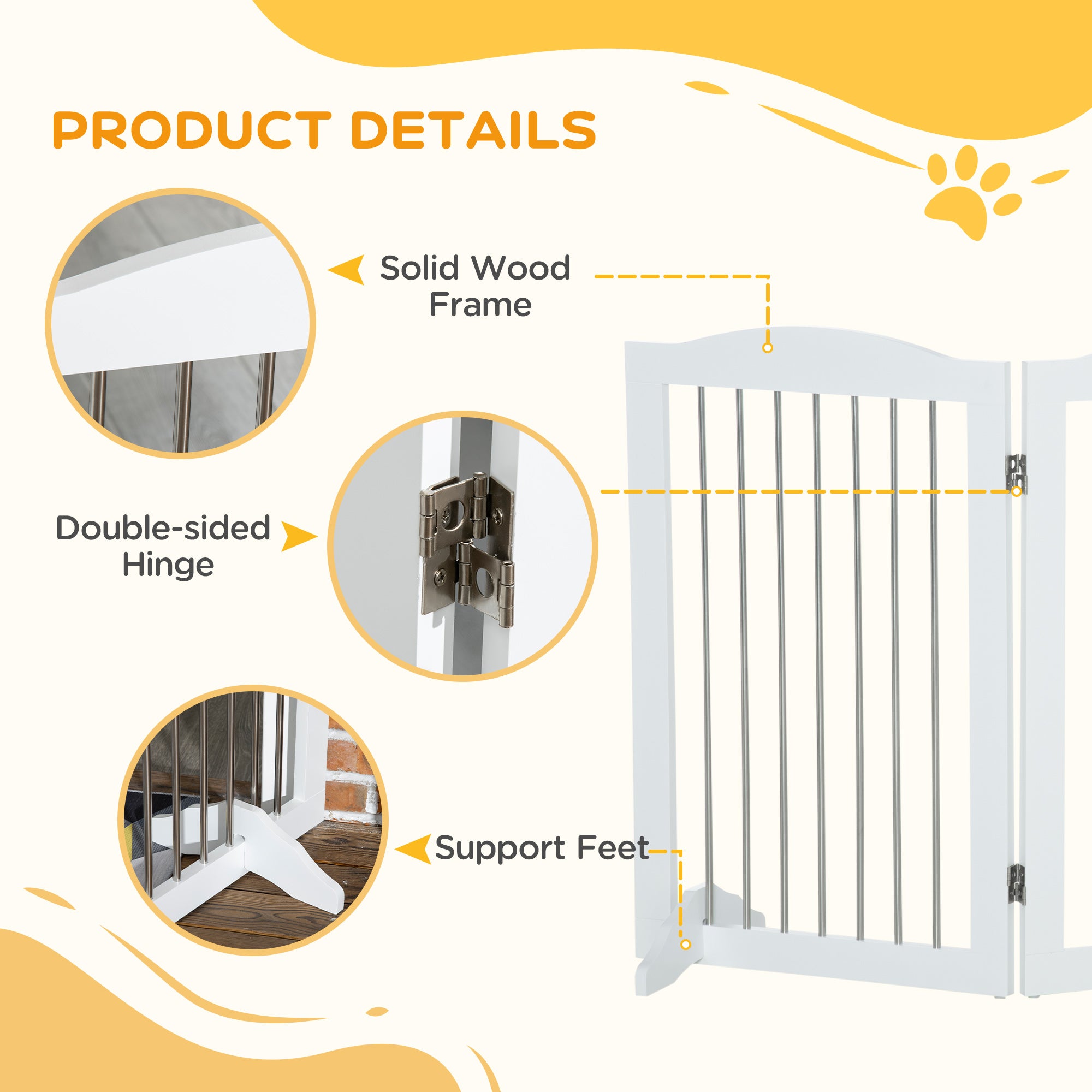 PawHut Foldable Dog Gate, Freestanding Pet Gate, with Two Support Feet, for Staircases, Hallways, Doorways - White - North Peak Garden Furniture