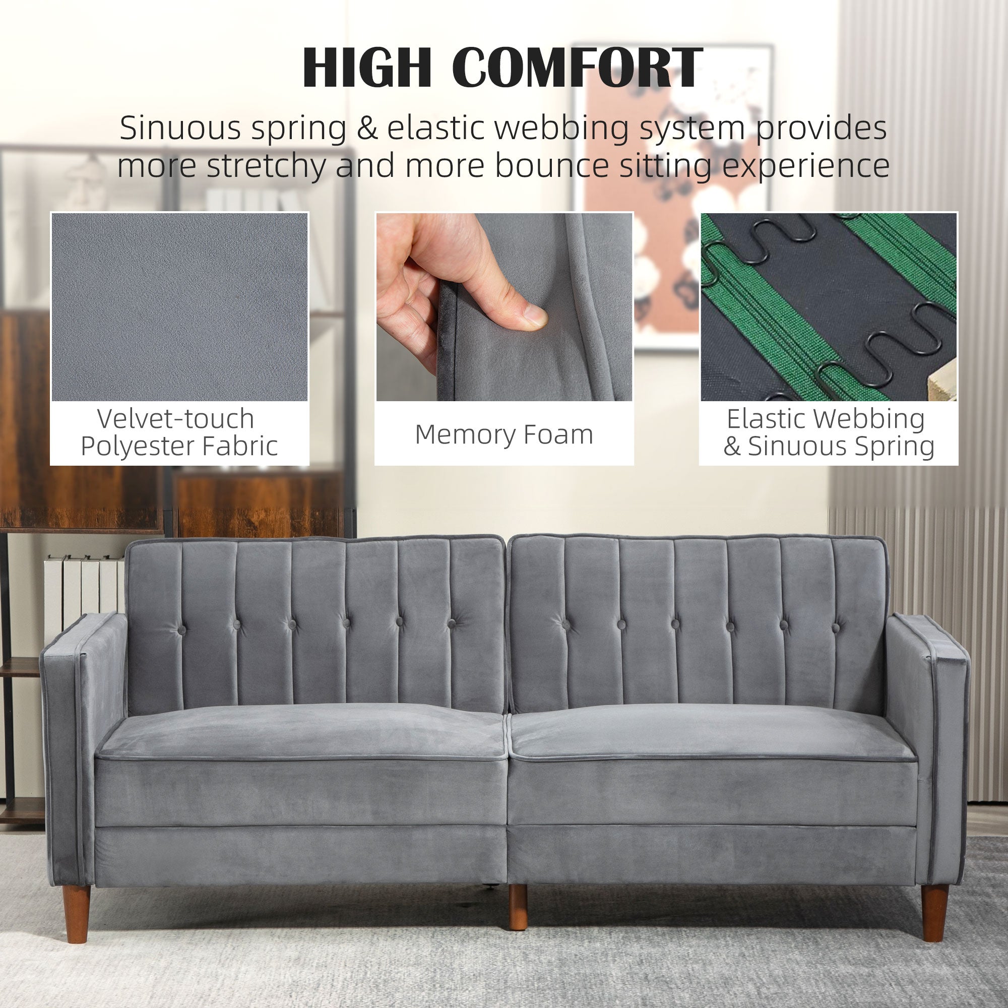 HOMCOM Velvet-Feel Three-Seater Sofa Bed - Dark Grey - North Peak Garden Furniture