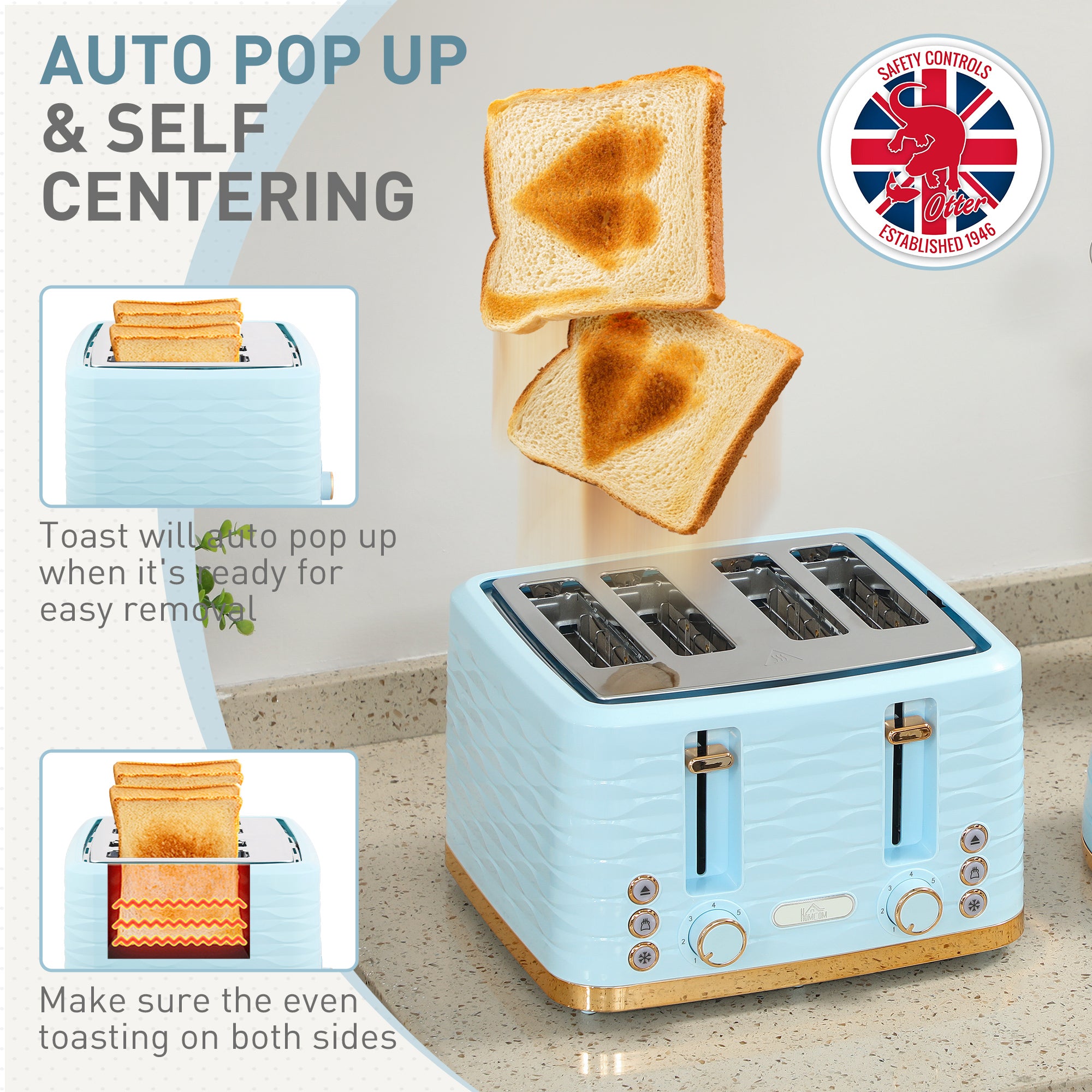 HOMCOM 3000W 1.7L Kettle & 4 Slice Toaster, Kettle and Toaster Set with 7 Browning Controls and Crumb Tray, Light Blue