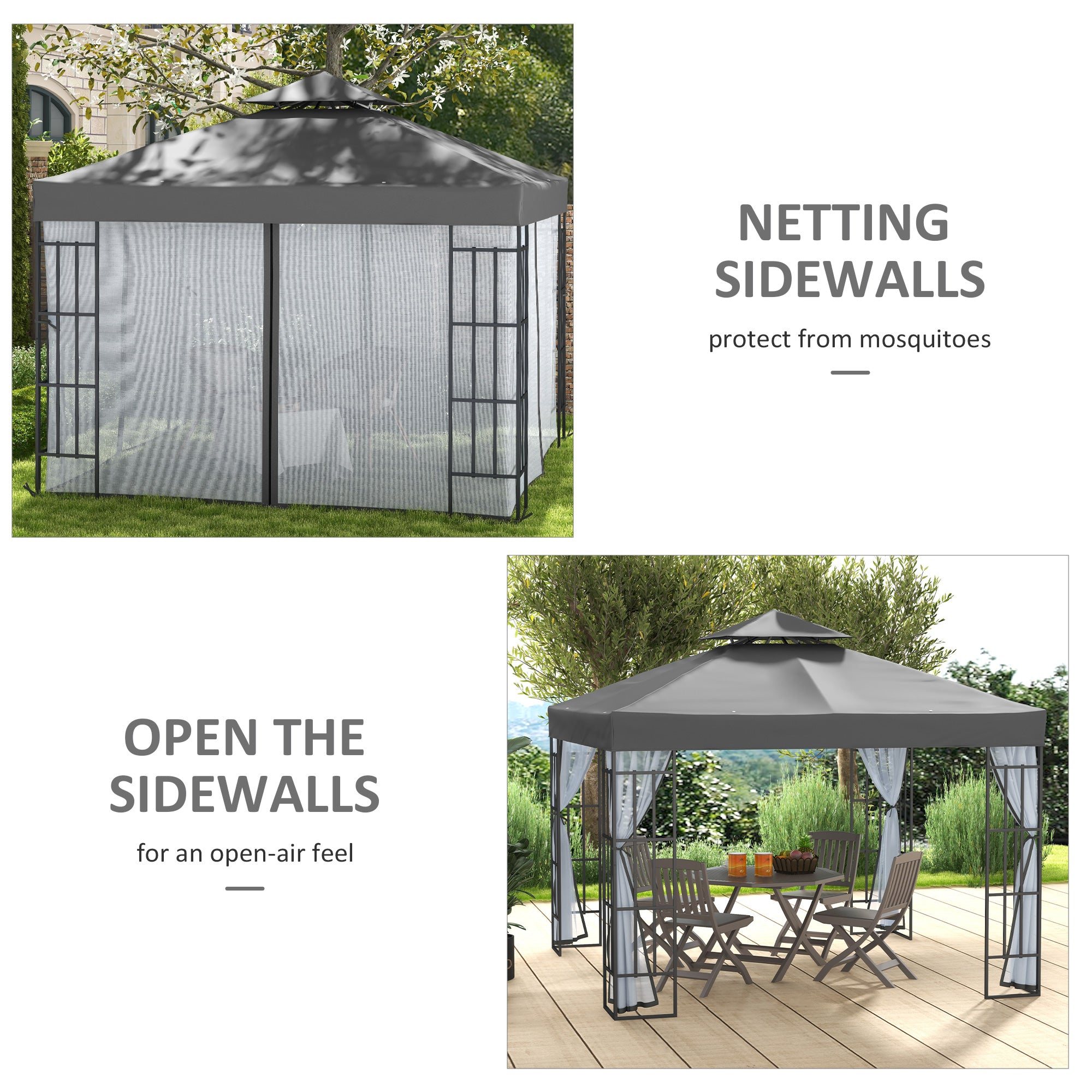 Outsunny 3 x 3(m) Patio Gazebo Canopy Garden Pavilion Tent Shelter with 2 Tier Roof and Mosquito Netting, Steel Frame, Grey - North Peak Garden Furniture