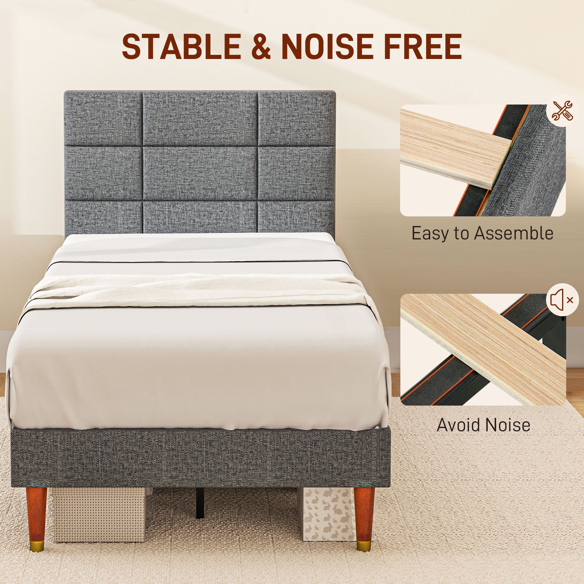 HOMCOM Upholstered Single Bed Frame, with Slats - Grey - North Peak Garden Furniture