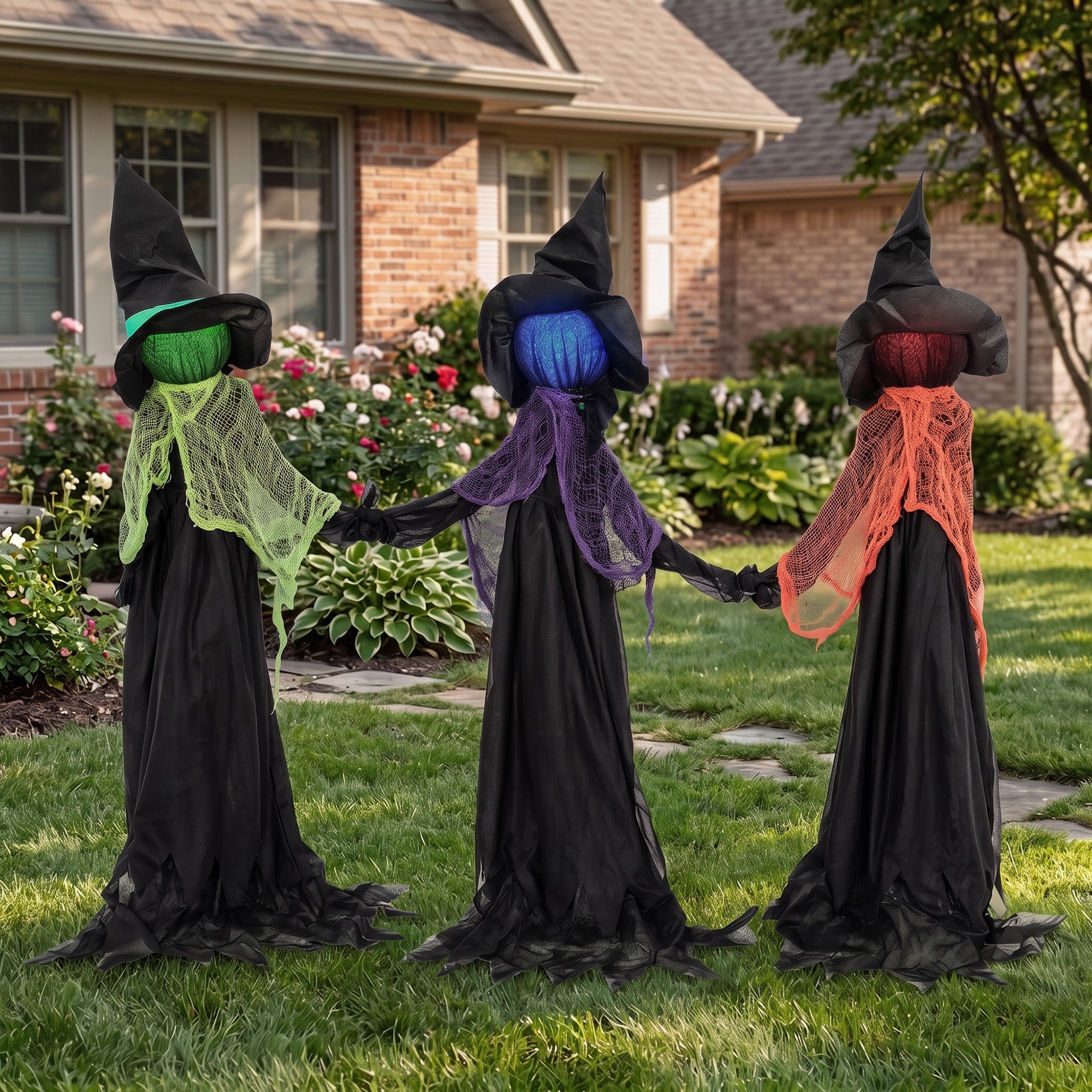 HOMCOM 120cm Witches Holding Hands Halloween Decorations Outdoor Indoor, Scary Halloween Witch Decor with Light-Up Heads