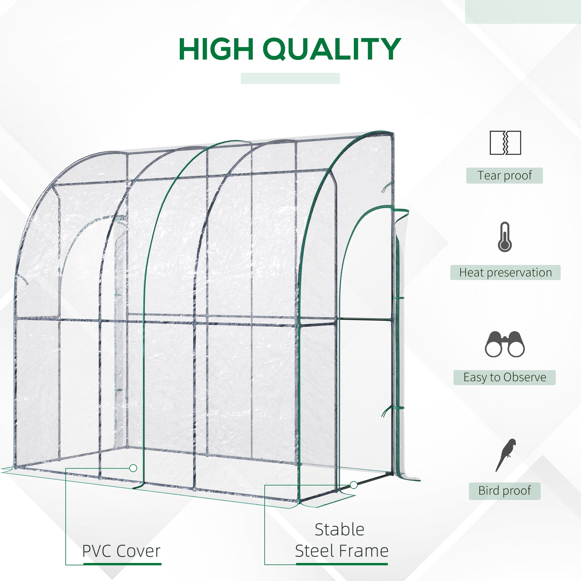 Outsunny Outdoor Walk-In Lean to Wall Tunnel Greenhouse with Zippered Roll Up Door PVC Cover Sloping Top, Clear, Green 214cm x 118cm x 212cm