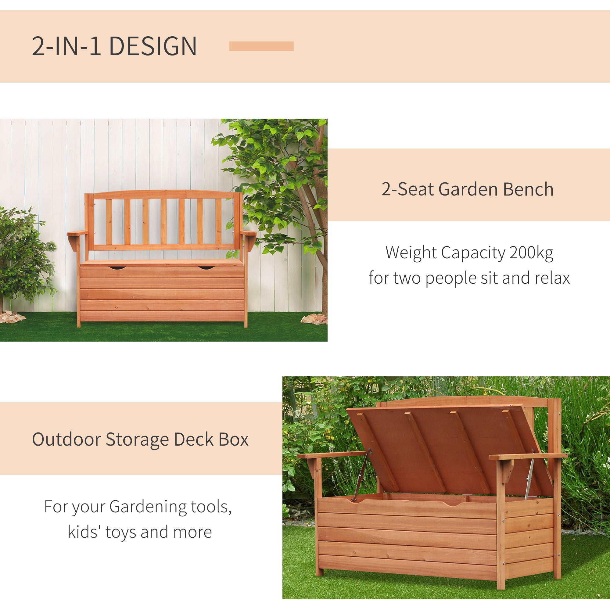 Outsunny Outdoor 2 Seater Garden Wooden Storage Bench Box Patio Seating Furniture Chair 112L x 84H x 58W cm - North Peak Garden Furniture