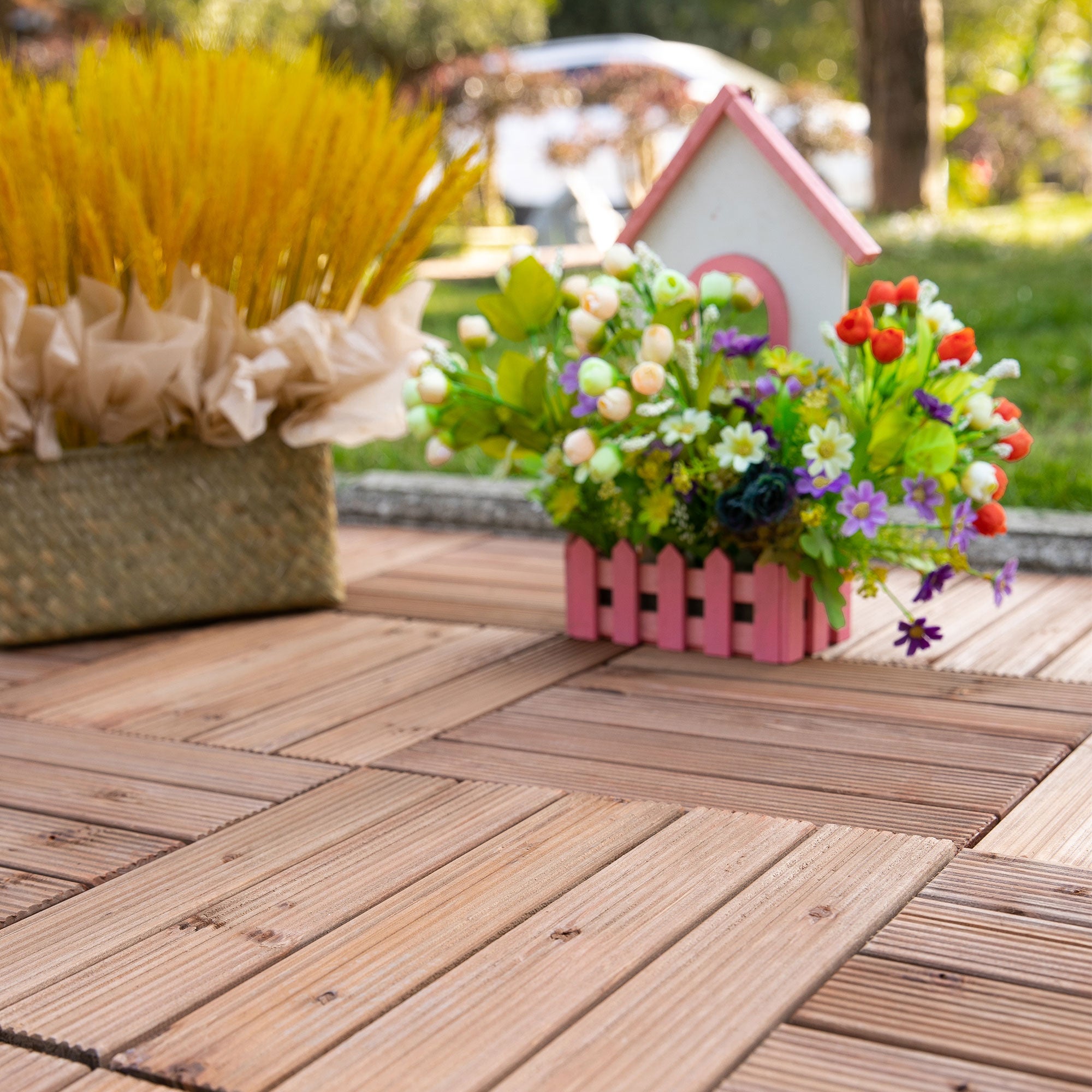 Outsunny 27 Pcs Solid Wood Interlocking Decking Tiles For Patio, Balcony, Roof Terrace, Hot Tub, Brown, (30 x 30 cm Per Piece) - North Peak Garden Furniture