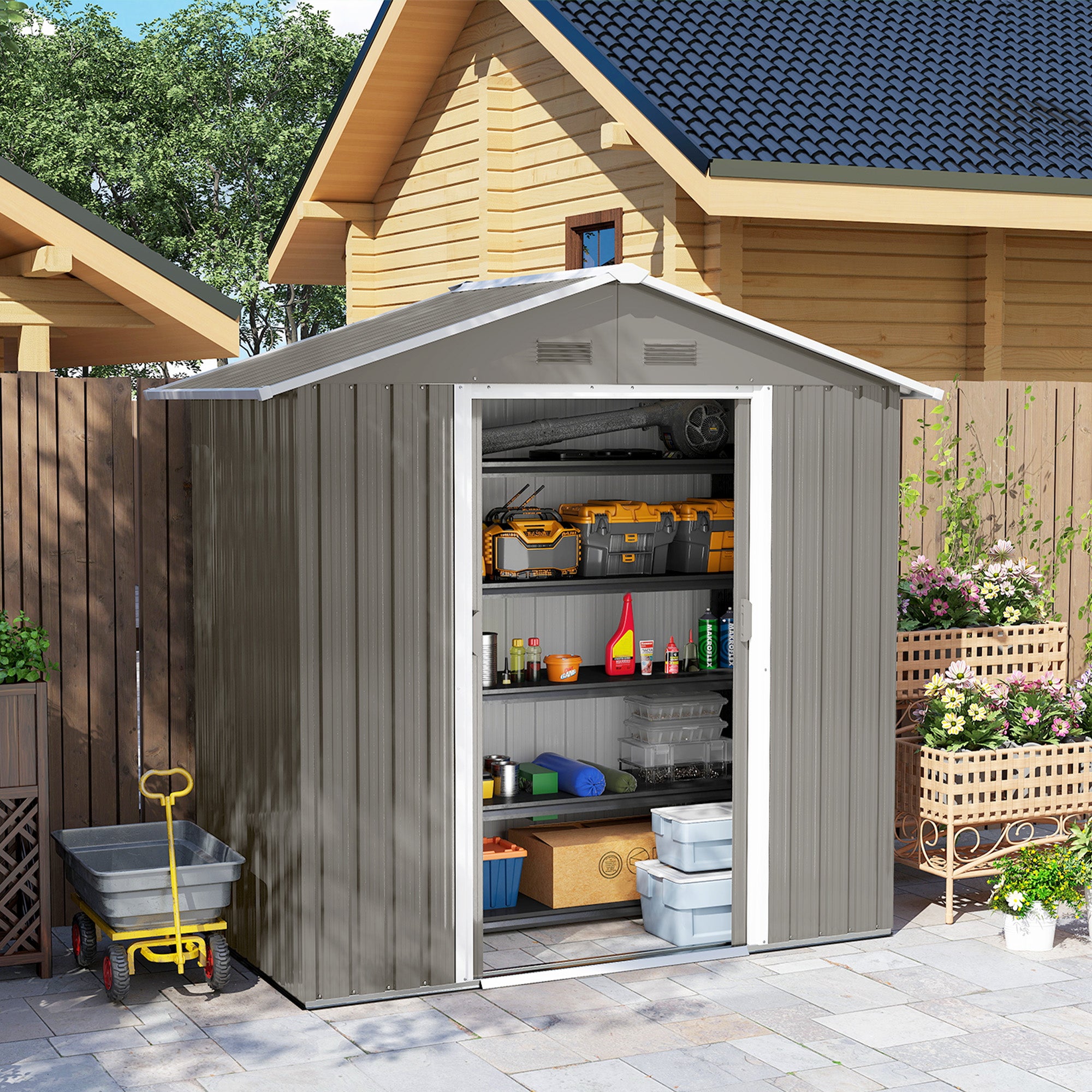 Outsunny 6.5ft x 3.5ft Metal Garden Storage Shed for Outdoor Tool Storage with Double Sliding Doors and 4 Vents, Grey - North Peak Garden Furniture