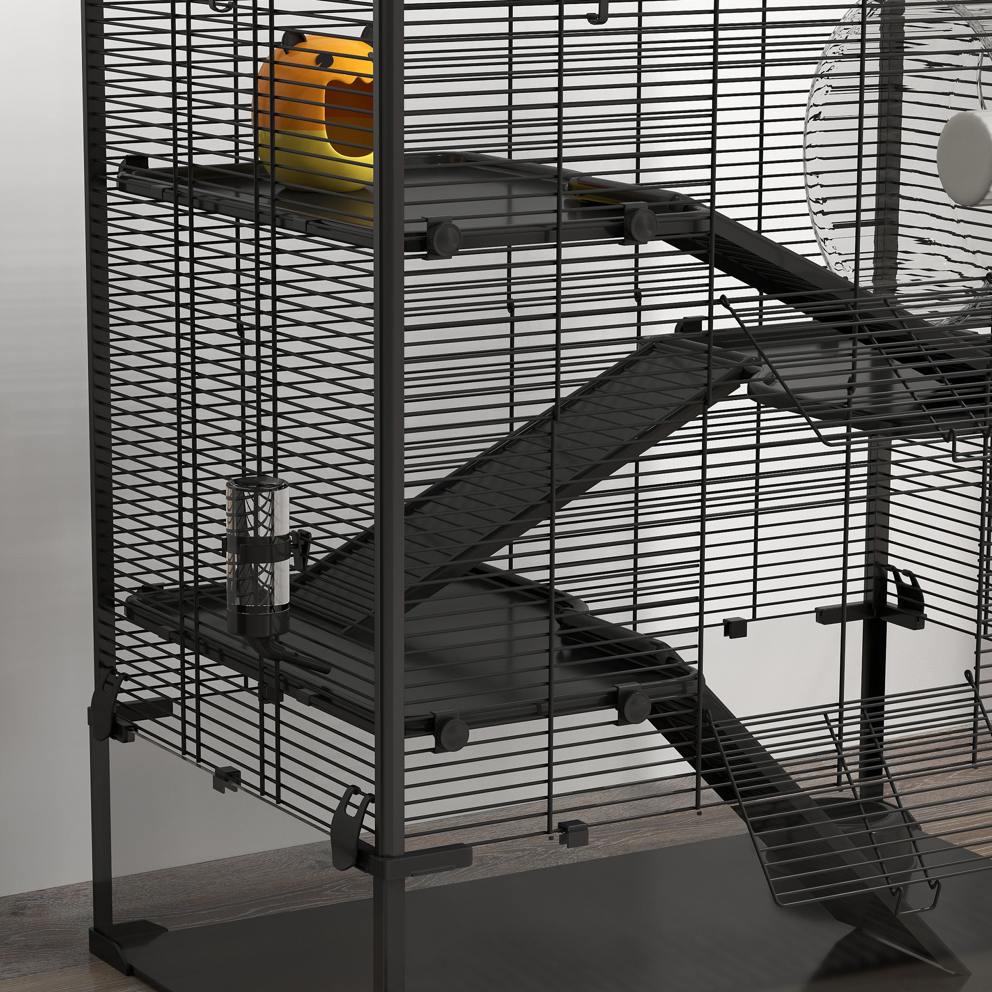 PawHut 4 Tiers Hamster Cage with Deep Tempered Glass Bottom, Hut, Running Wheel, Food Dish, Water Bottle, 78.5 x 48.5 x 80cm - North Peak Garden Furniture