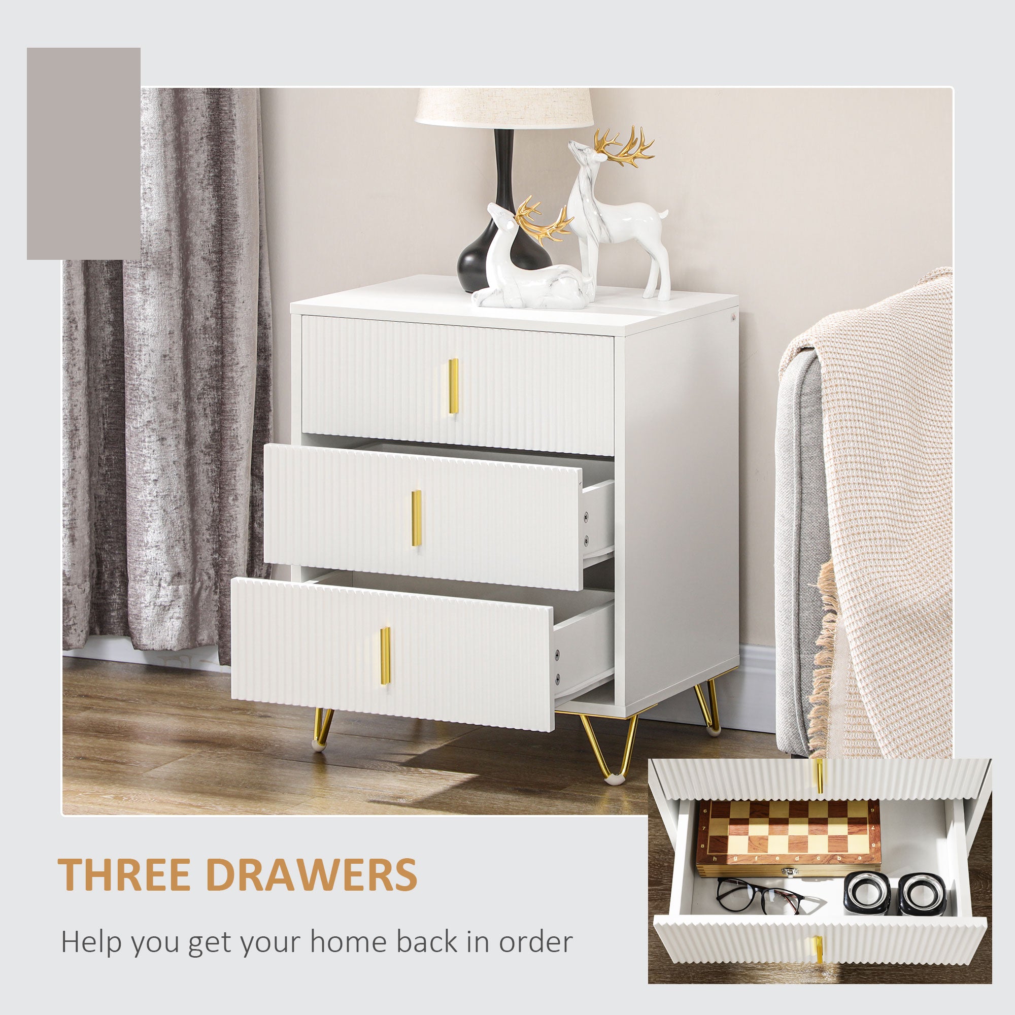 HOMCOM Elegant Chest of Three Drawers - White/Gold-Tone - North Peak Garden Furniture
