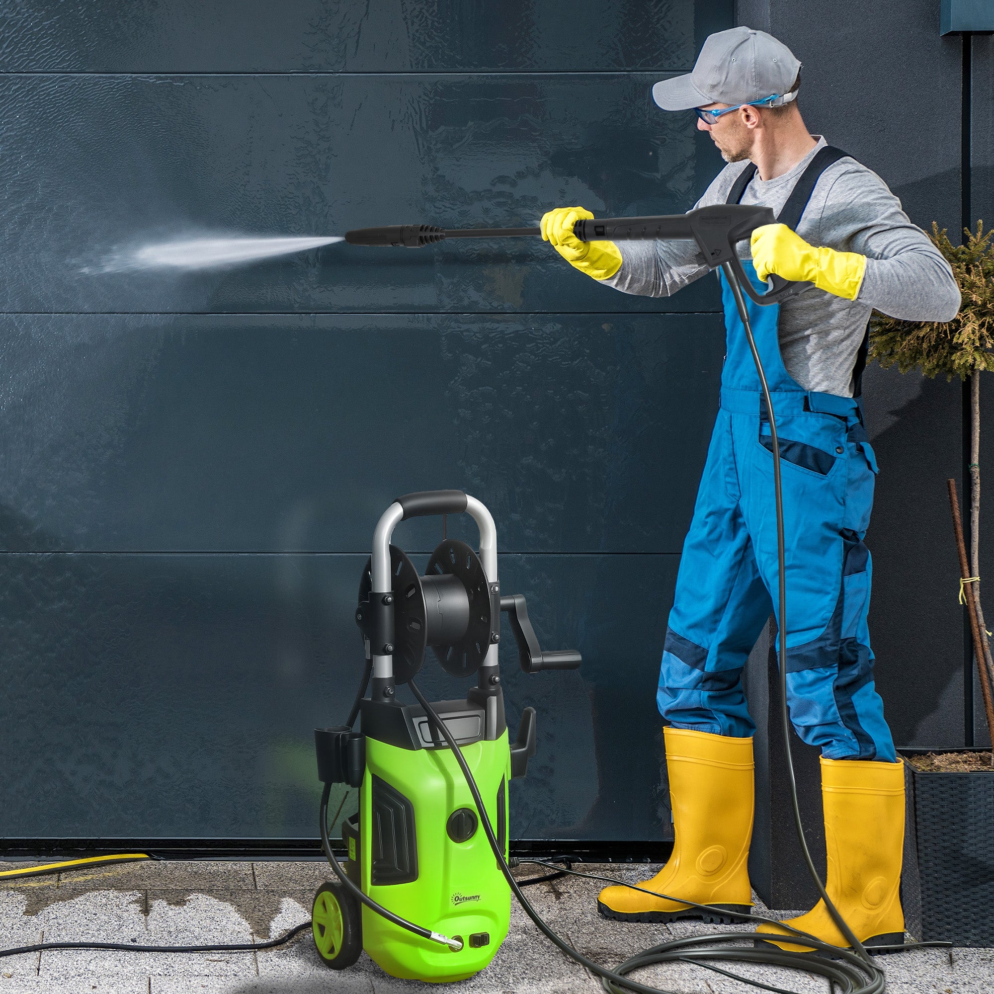 Outsunny 1800W High Pressure Washer, 150 Bar Pressure, 420 L/h Flow, Portable Power Washer Jet Wash Cleaner with Adjustable Nozzle, 6M Hose, Hose Reel, Steel Handle for Home Patio Car Driveway, Green - North Peak Garden Furniture