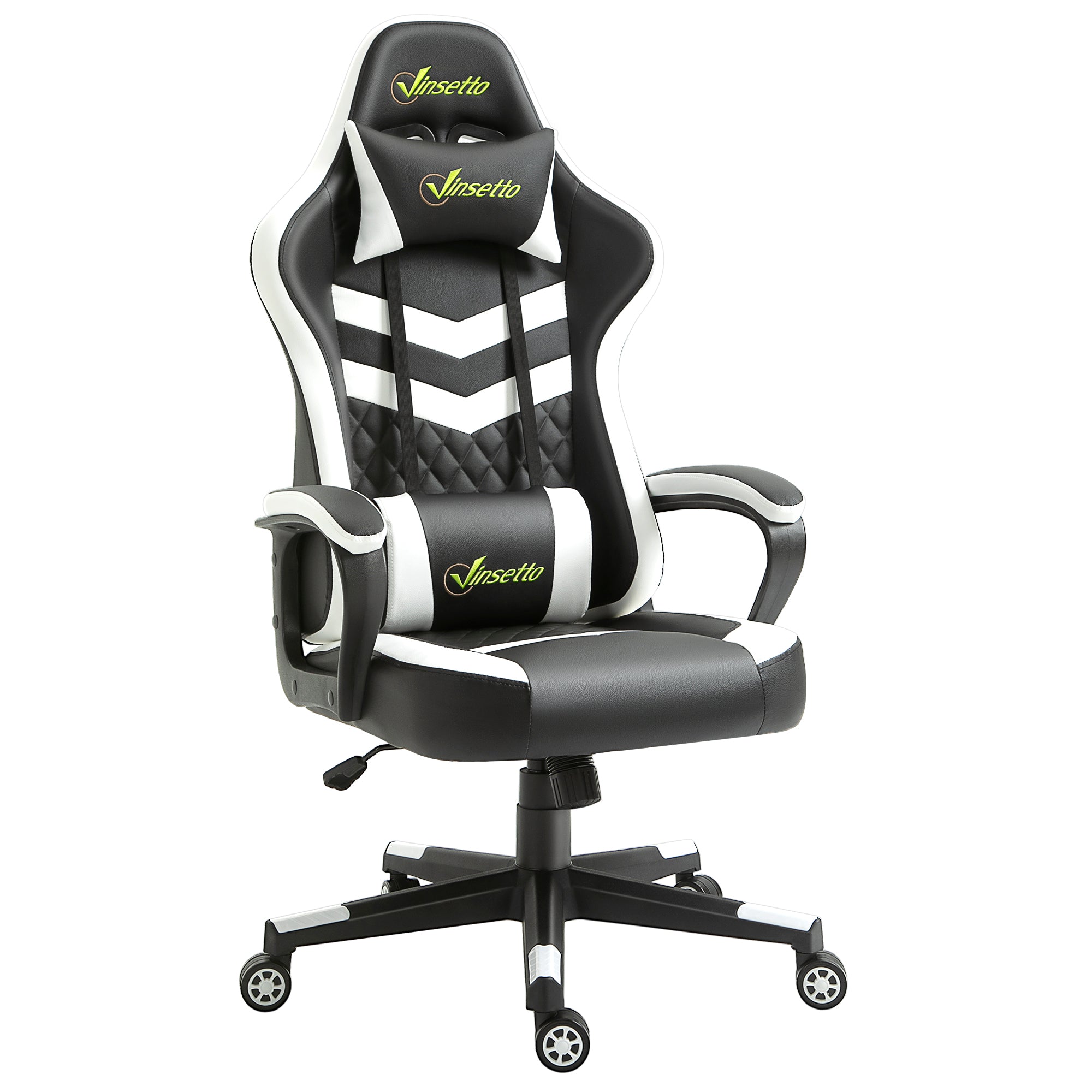 Vinsetto Gaming Chair, Computer Desk Chair with Lumbar Support, Faux Leather Racing Chair with Headrest and Swivel Wheels for Home Office, Black White - North Peak Garden Furniture