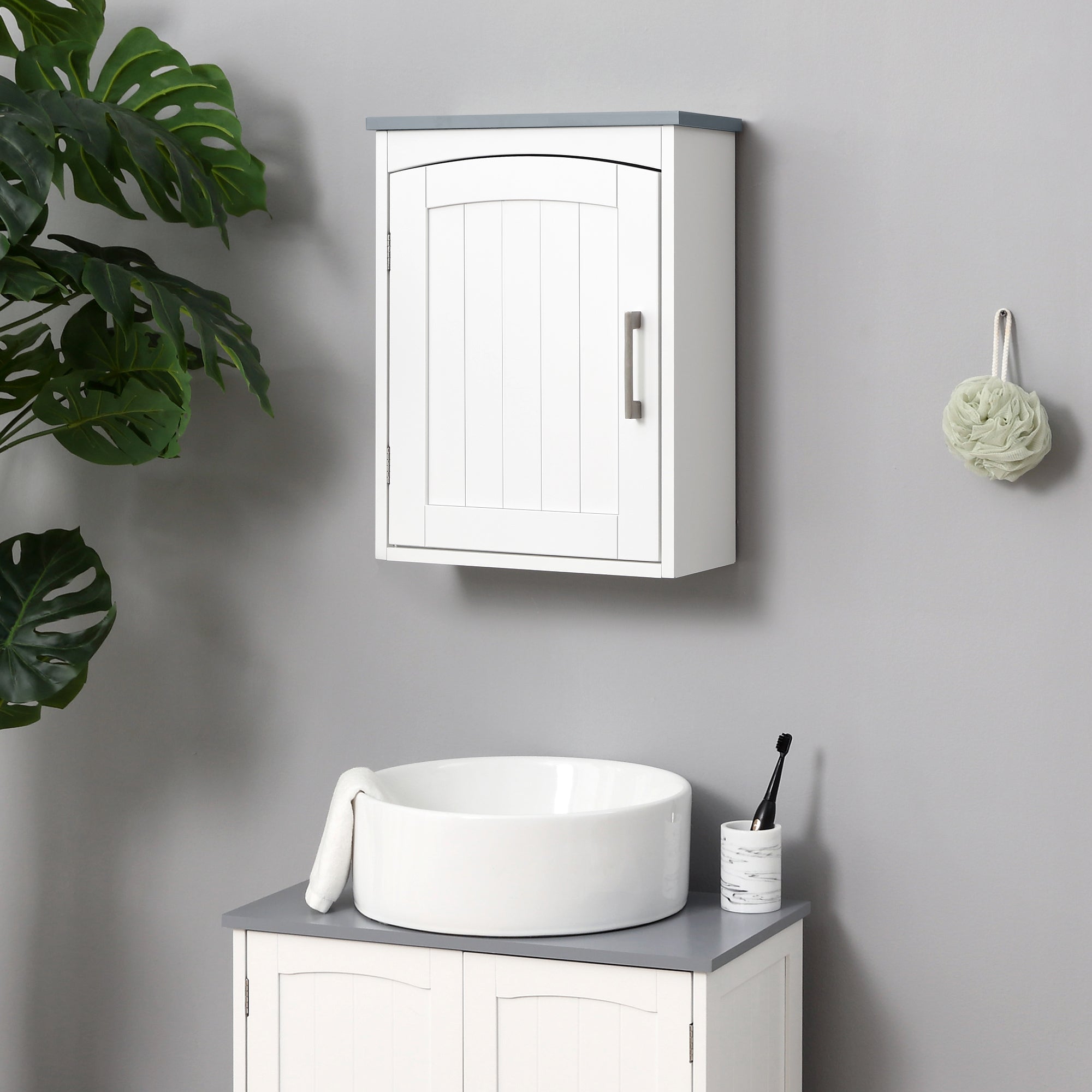 kleankin Bathroom Cabinet Wall Mounted, Modern Bathroom Wall Cabinet with Arched Door and Adjustable Shelf, Bathroom Storage Cabinet, Light Grey and White - North Peak Garden Furniture