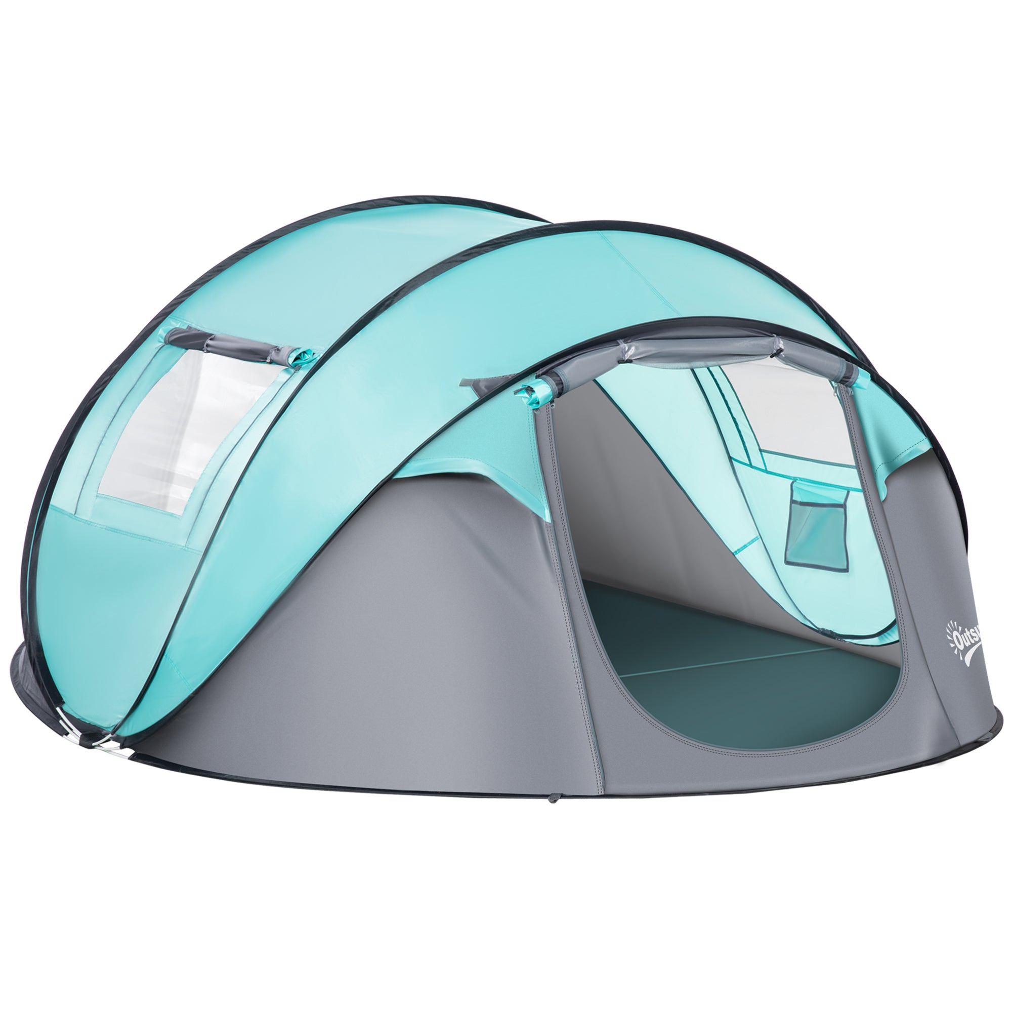 Outsunny 4 Person Pop Up Camping Tent with Vestibule Weatherproof Cover, Instant Backpacking Tent with 2 Windows 2 Doors Portable Carry Bag for Fishing Hiking, Tiffany Blue