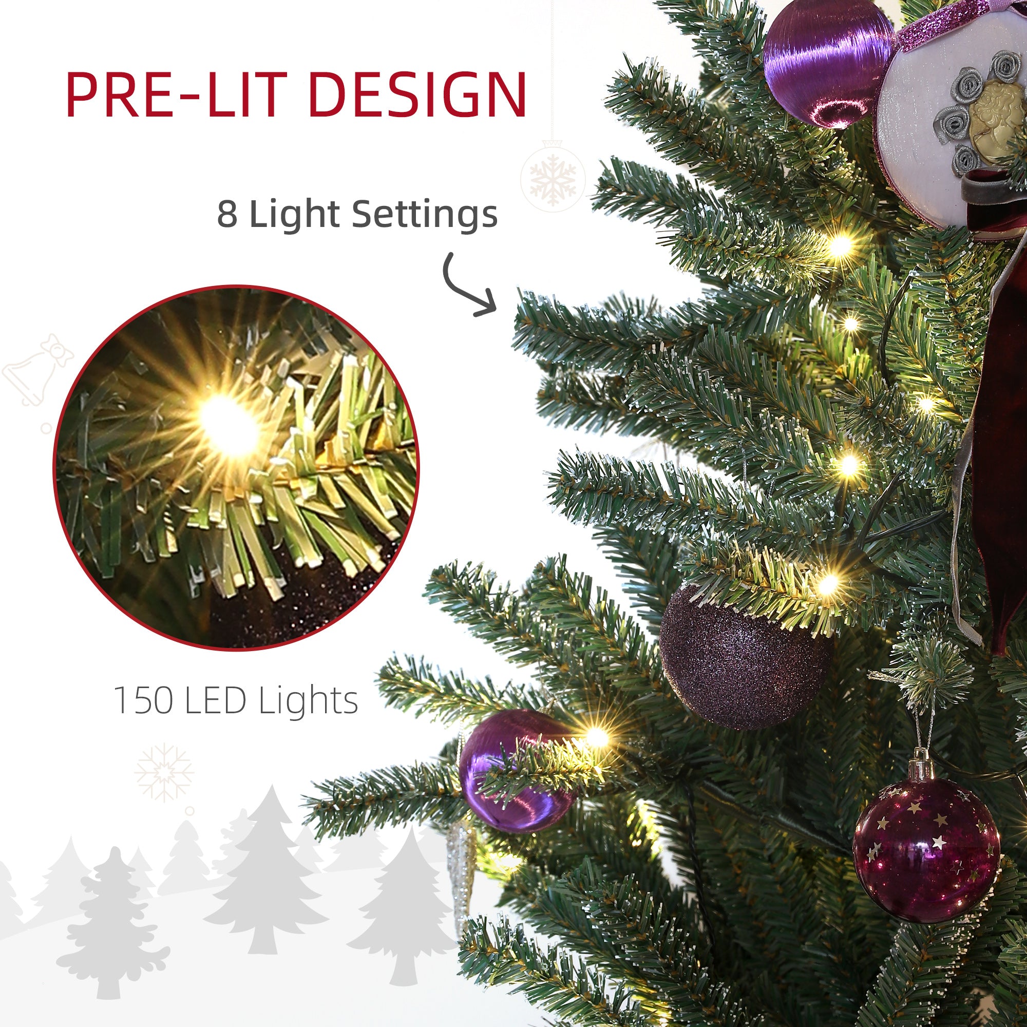 HOMCOM 6ft Artificial Christmas Tree, with Purple Decorations and Lights - North Peak Garden Furniture