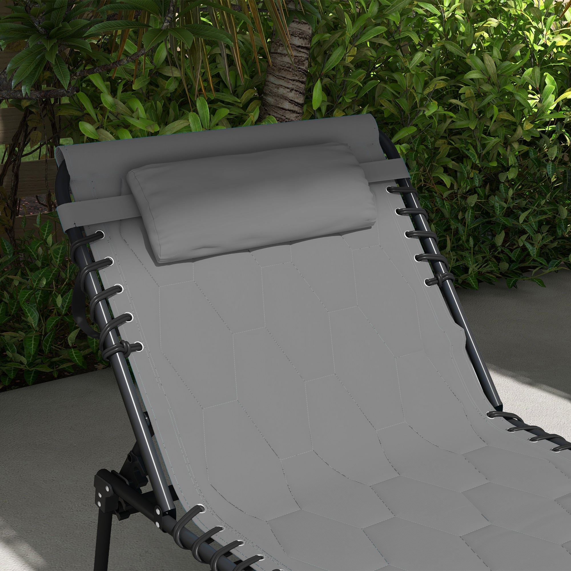 Outsunny Foldable Sun Lounger with 5-level Reclining Back, Outdoor Tanning Chair Sun Lounger with Build-in Padded Seat, Side Pocket, Headrest for Beach, Yard, Patio, Grey - North Peak Garden Furniture