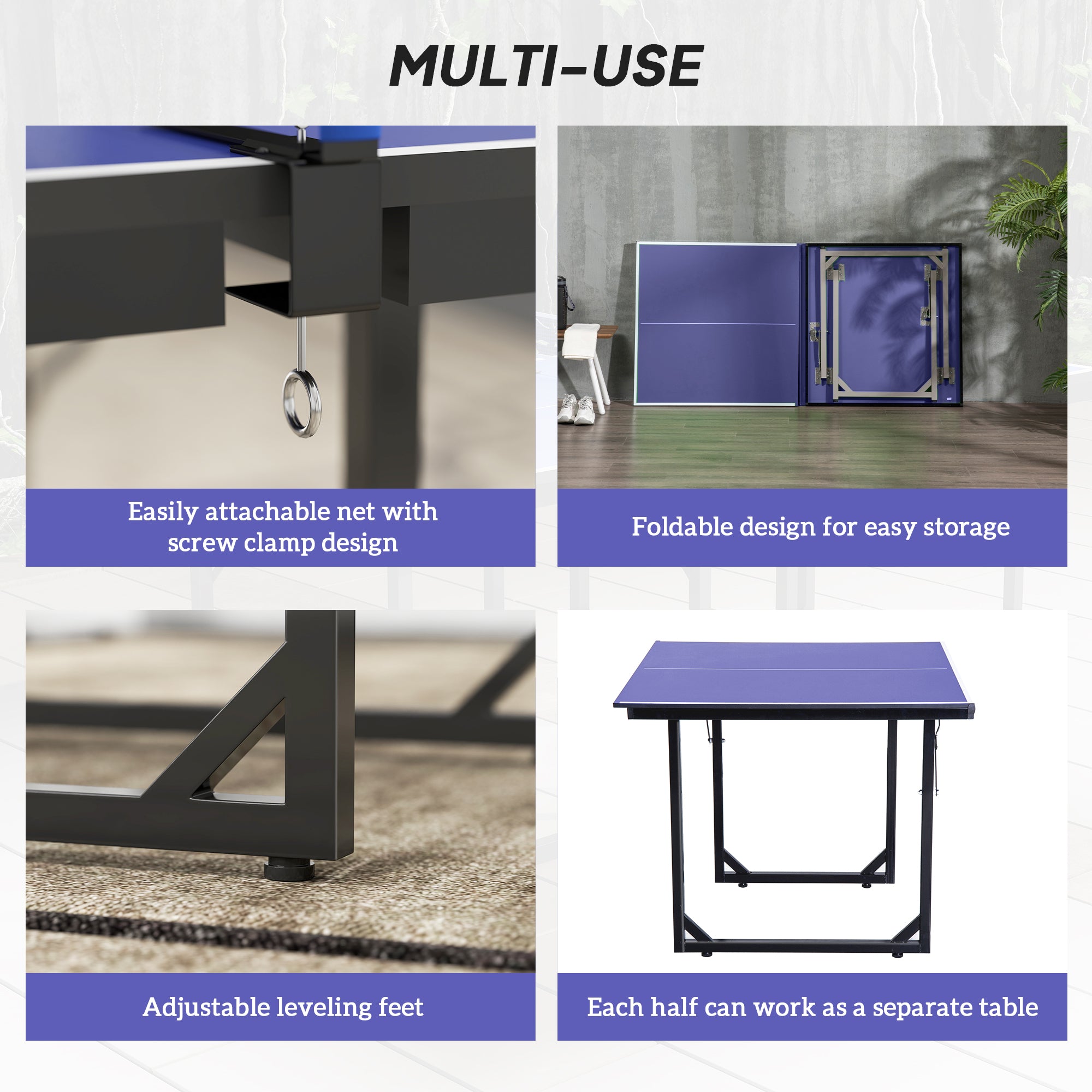HOMCOM 6ft 182cm Mini Table Tennis Table Folding Ping Pong Table with Net Multi-Use Table for Indoor Outdoor Game, Blue
