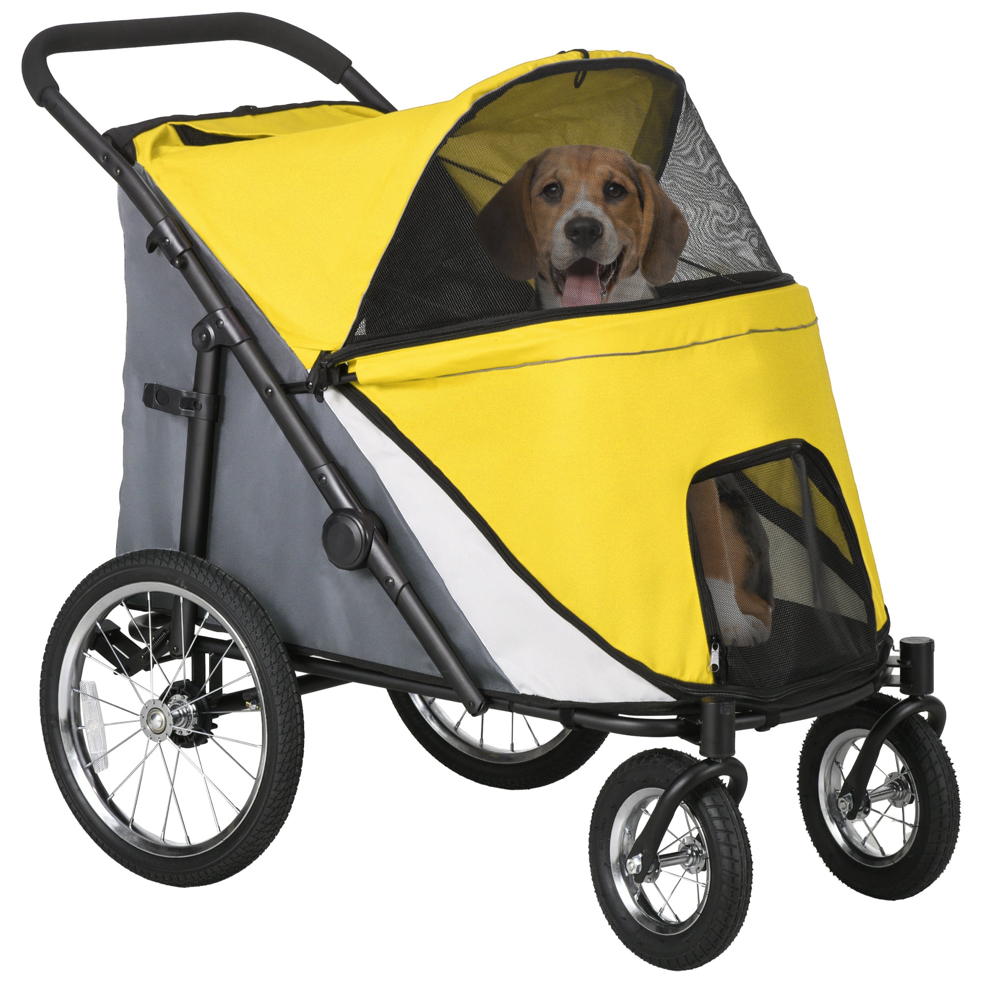 PawHut Foldable Pet Stroller, with Washable Cushion, Storage Bags, Safety Leash, for Medium, Large Dogs, Catts, Travel - Yellow - North Peak Garden Furniture