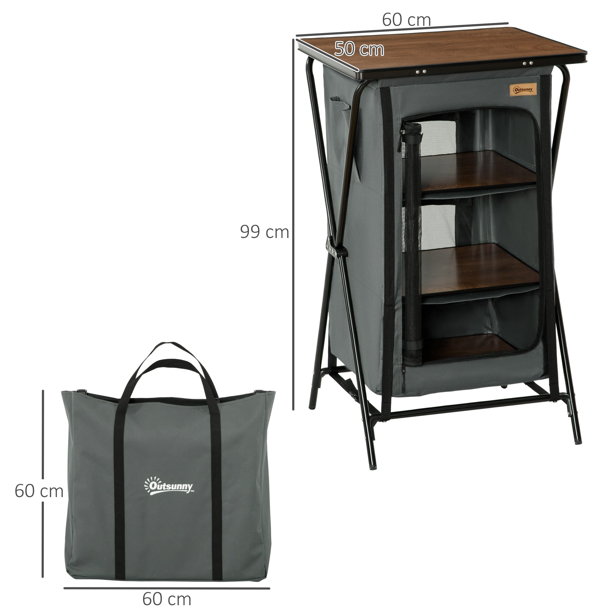 Outsunny Camping Cupboard, Aluminium Foldable Camping Kitchen Station Cook Table with Storage Shelves and Carrying Bag for BBQ Party Picnic Backyard - North Peak Garden Furniture