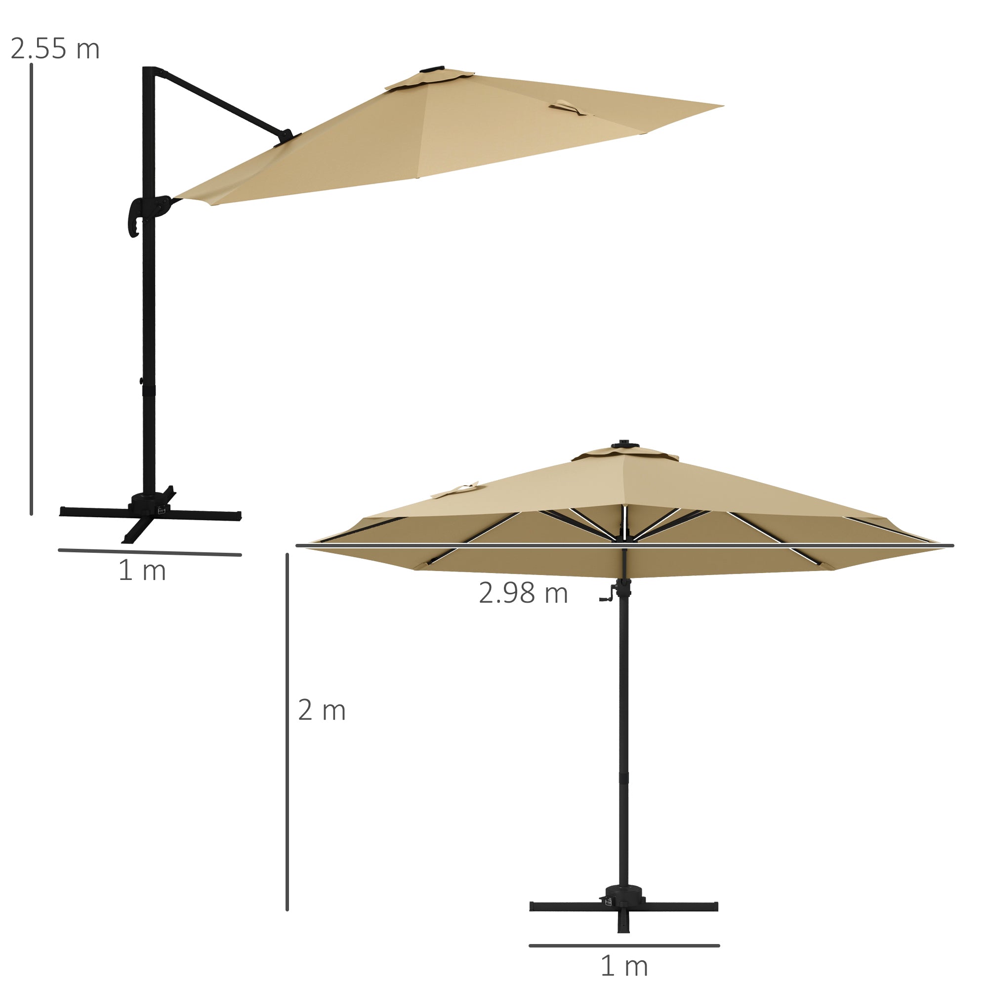Outsunny 3(m) Adjustable Cantilever Parasol with Base, Solar LED Lights, Khaki - North Peak Garden Furniture