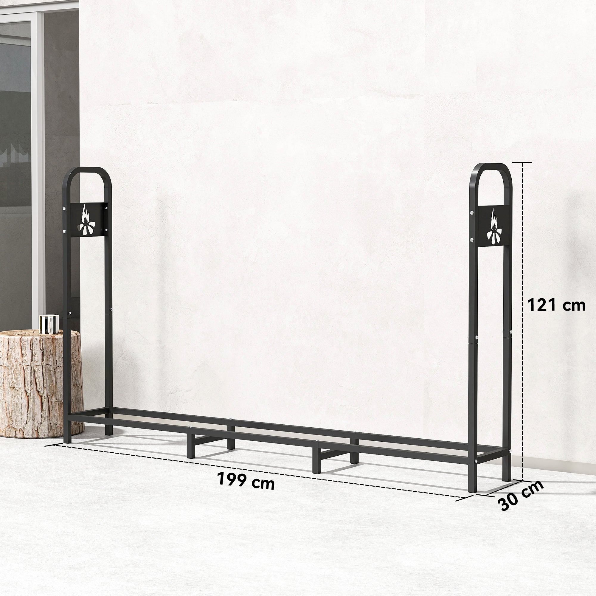 Outsunny 6.5 FT Steel Firewood Log Rack with 300 kg Capacity, Heavy Duty Indoor Outdoor Fireplace Wood Storage Shelf, Log Holder/Stand with Extra Support Legs, Decorative Bonfire Pattern, Black