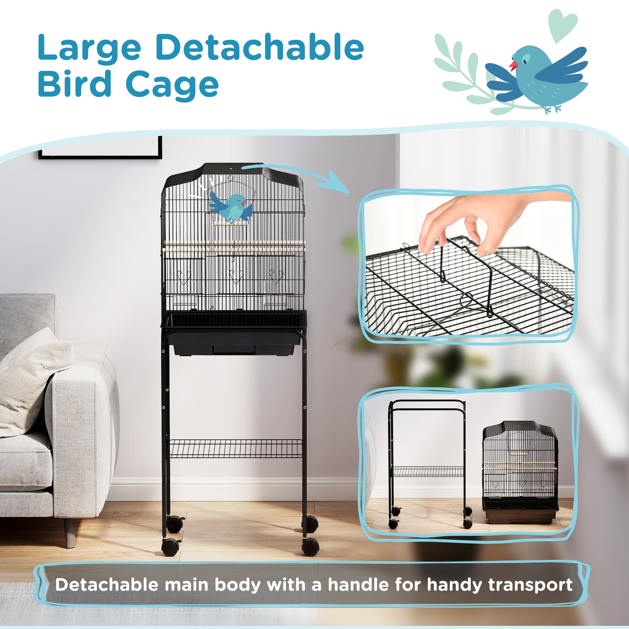 PawHut Bird Cage Budgie Cages for Finch Canary Parakeet with Stand Wheels Slide-out Tray Accessories Storage Shelf, Black - North Peak Garden Furniture