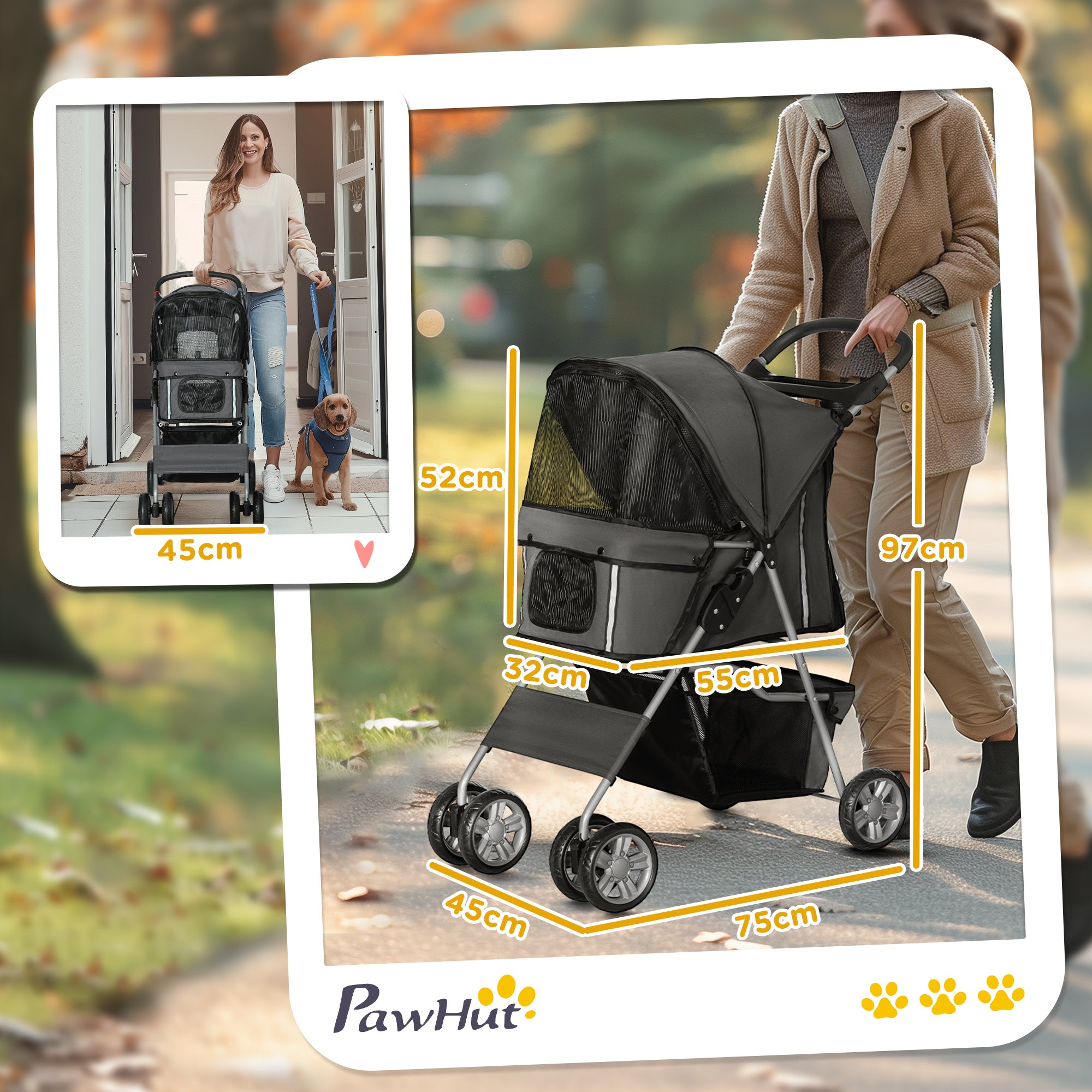PawHut Foldable Pet Stroller for Small and Miniature Dog, Dark Grey - North Peak Garden Furniture