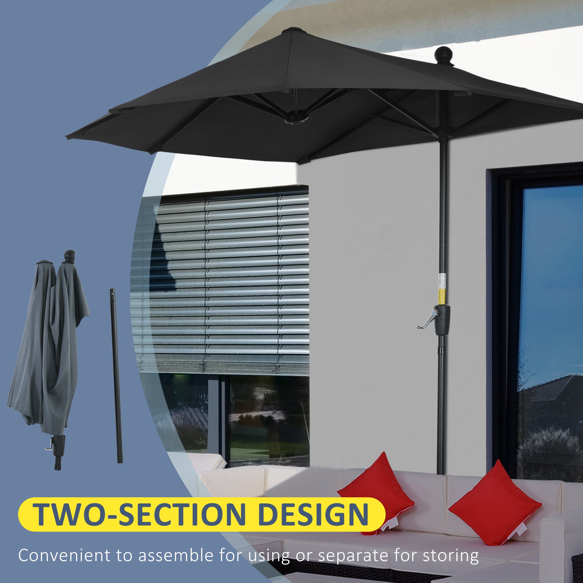 Outsunny 2m Half Parasol Market Umbrella Garden Balcony Parasol with Crank Handle, Base, Double-Sided Canopy, Black - North Peak Garden Furniture