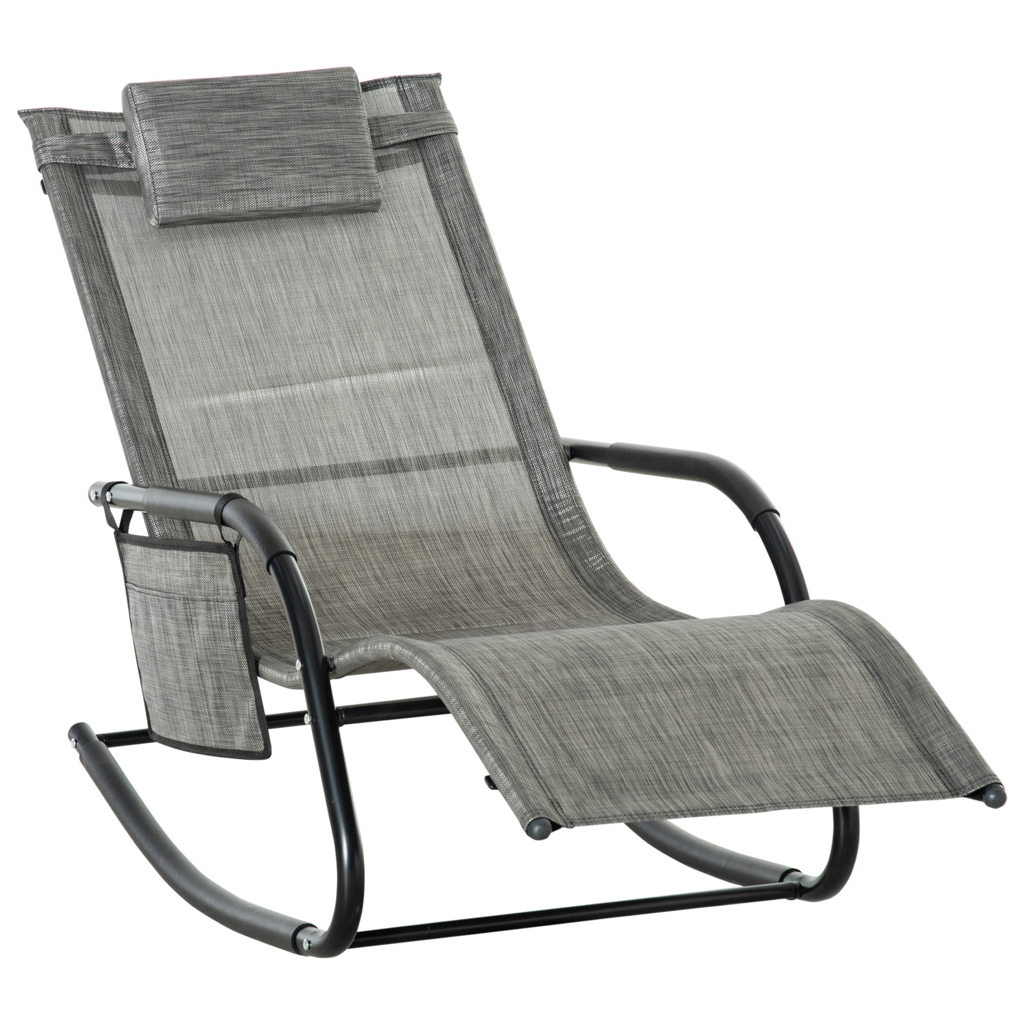 Outsunny Outdoor Garden Rocking Chair, Patio Sun Lounger Rocker Chair with Breathable Mesh Fabric, Removable Headrest Pillow, Armrest, Side Storage Bag, Dark Grey