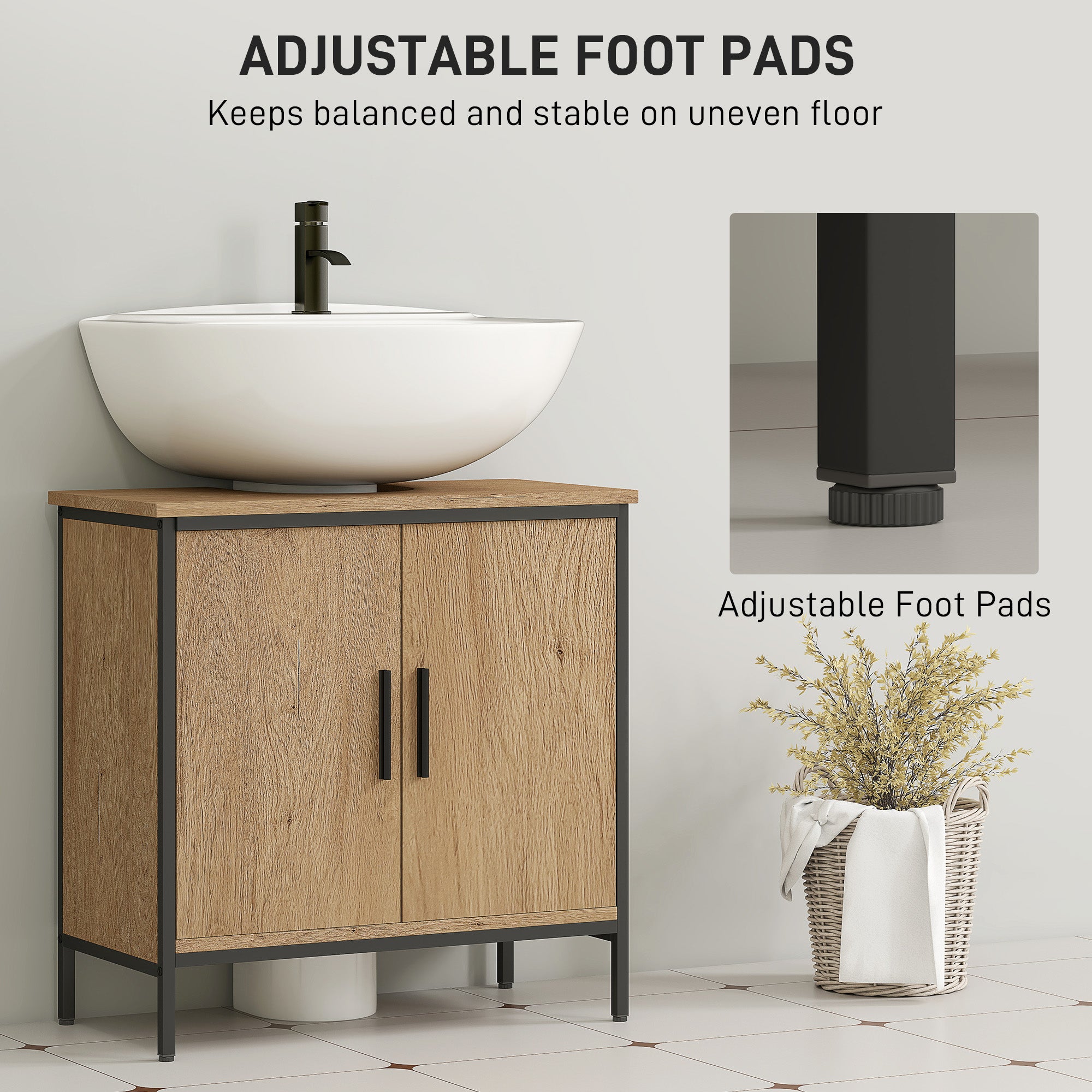 HOMCOM Bathroom Vanity Unit, Under Sink Storage Cabinet with 2 Doors, Adjustable Shelf for Basin without or with Pedestal, Oak - North Peak Garden Furniture