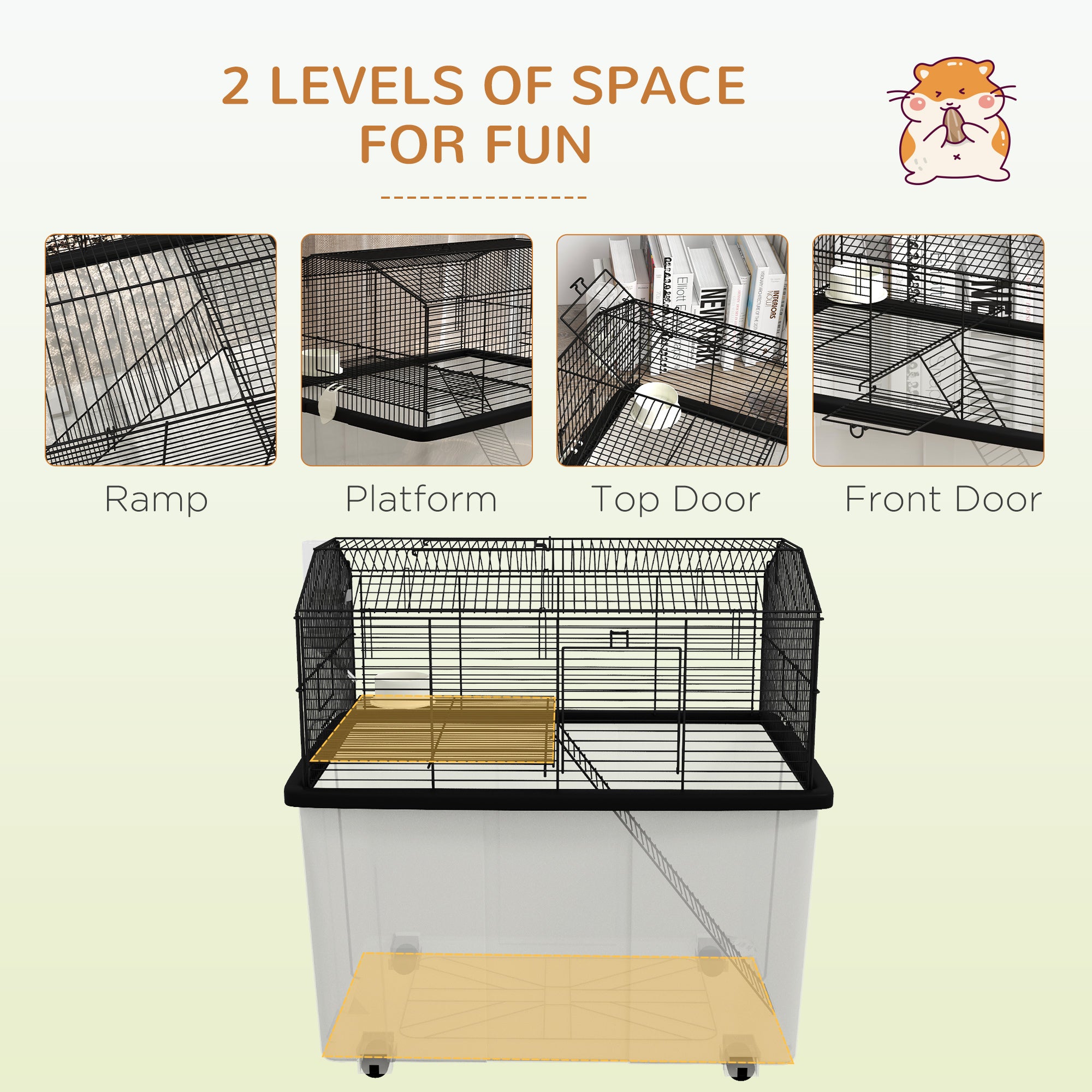 PawHut Two-Tier Gerbil Cage, Hamster Cage for Dwarf Hamster, Syrian Hamster w/ Wheels, Deep Bottom, Food Dish, Water Bottle - North Peak Garden Furniture