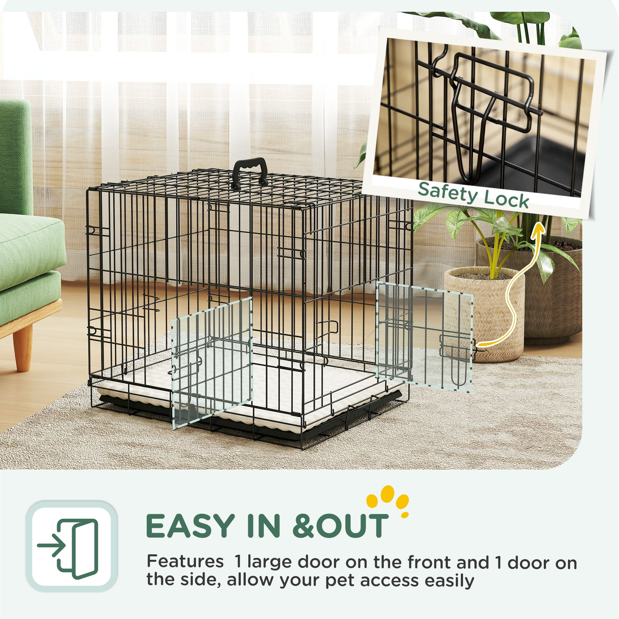 PawHut Dog Crate with 2 Doors with Tray, Soft Cushion, Foldable Metal Dog Cage for Extra Small Dogs, 60 x 40 x 50, Black - North Peak Garden Furniture