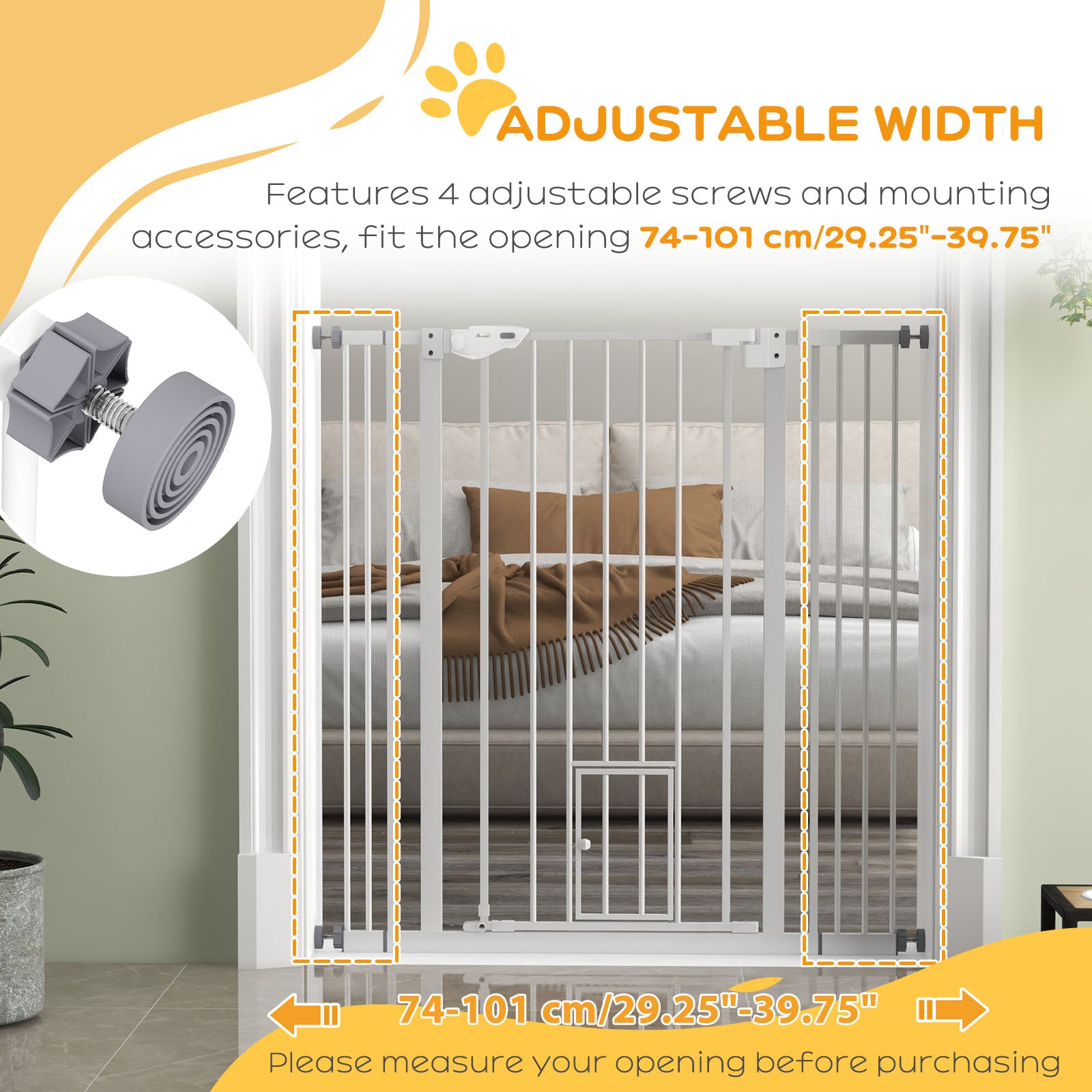 PawHut Extra Tall Pet Gate, Indoor Dog Safety Gate, with Cat Flap, Auto Close, 74-101cm Wide - White - North Peak Garden Furniture