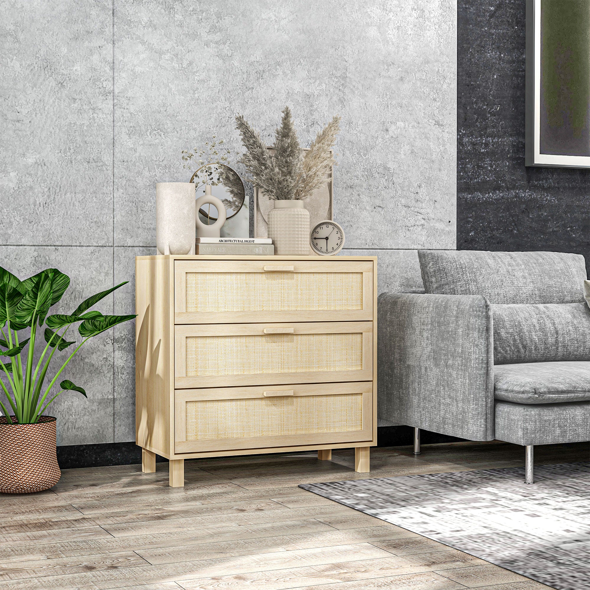 HOMCOM Rattan Bedroom Chest of Drawers, 3 Drawers Storage Unit, Boho Dresser for Living Room, Hallway, Natural