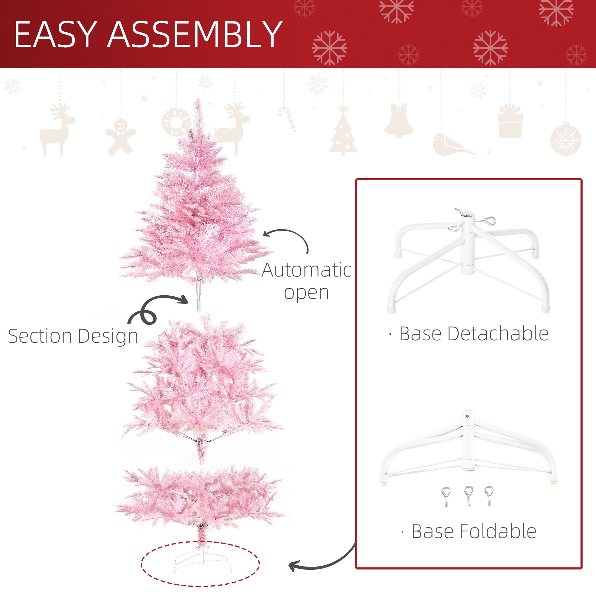 HOMCOM 6FT Artificial Christmas Tree Holiday Xmas Holiday Tree Decoration with Automatic Open for Home Party, Pink - North Peak Garden Furniture