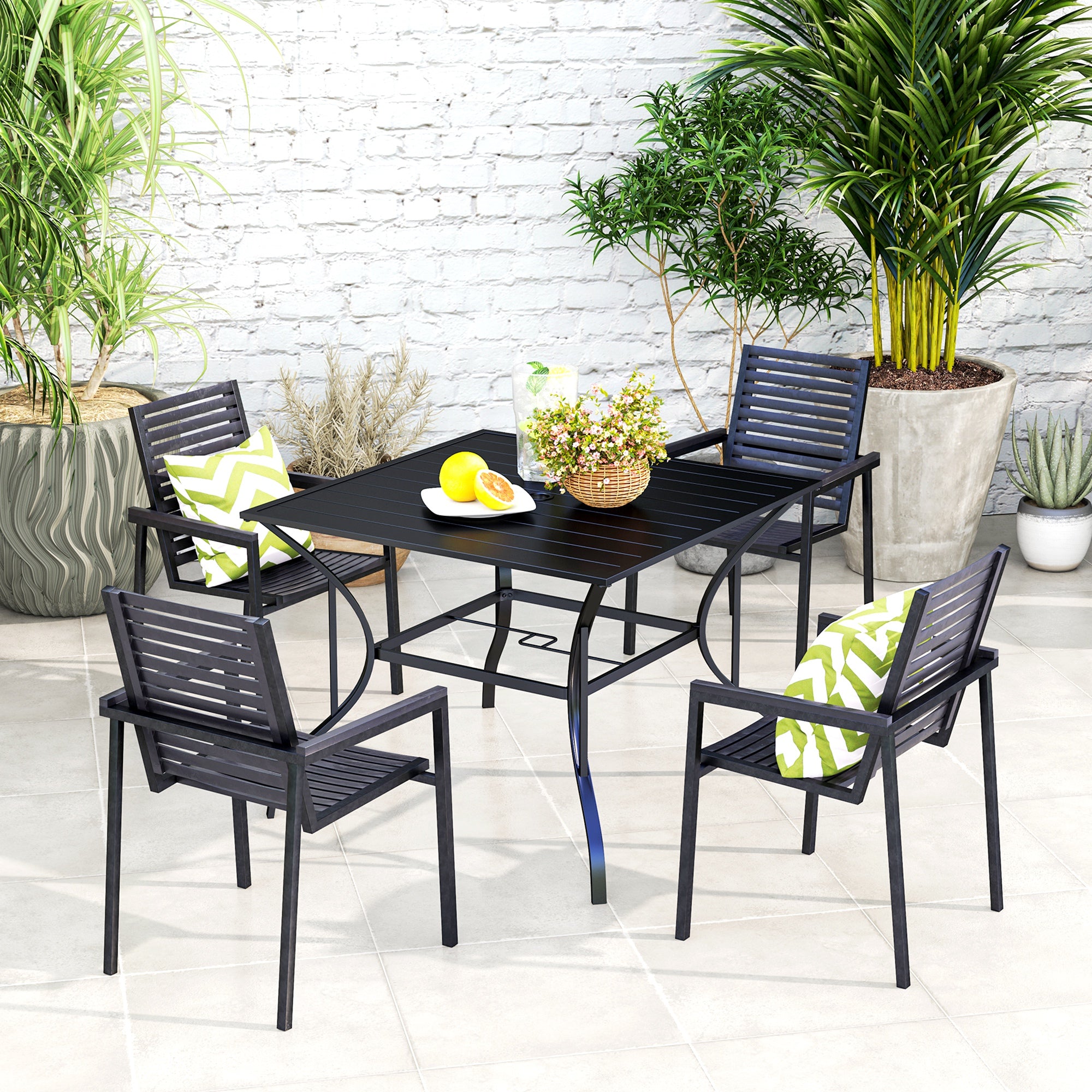 Outsunny 94 x 94 cm Garden Table with Parasol Hole, Outdoor Dining Garden Table for Four with Slatted Metal Plate Top, Black - North Peak Garden Furniture