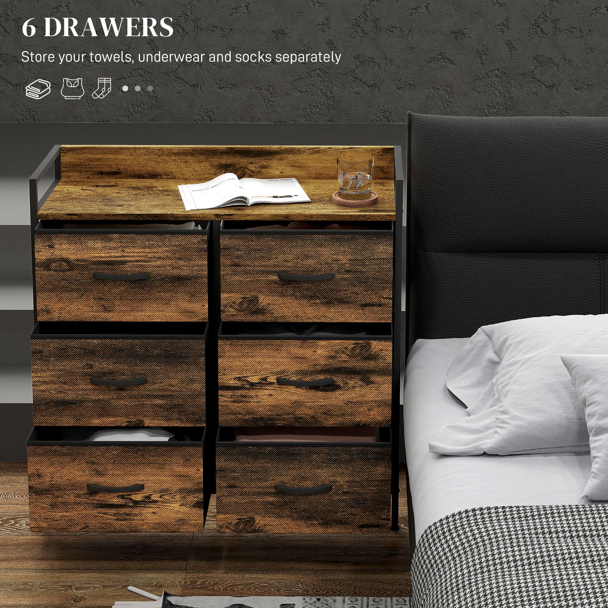 HOMCOM Rustic Chest of Six Fabric Drawers - Rustic Brown - North Peak Garden Furniture