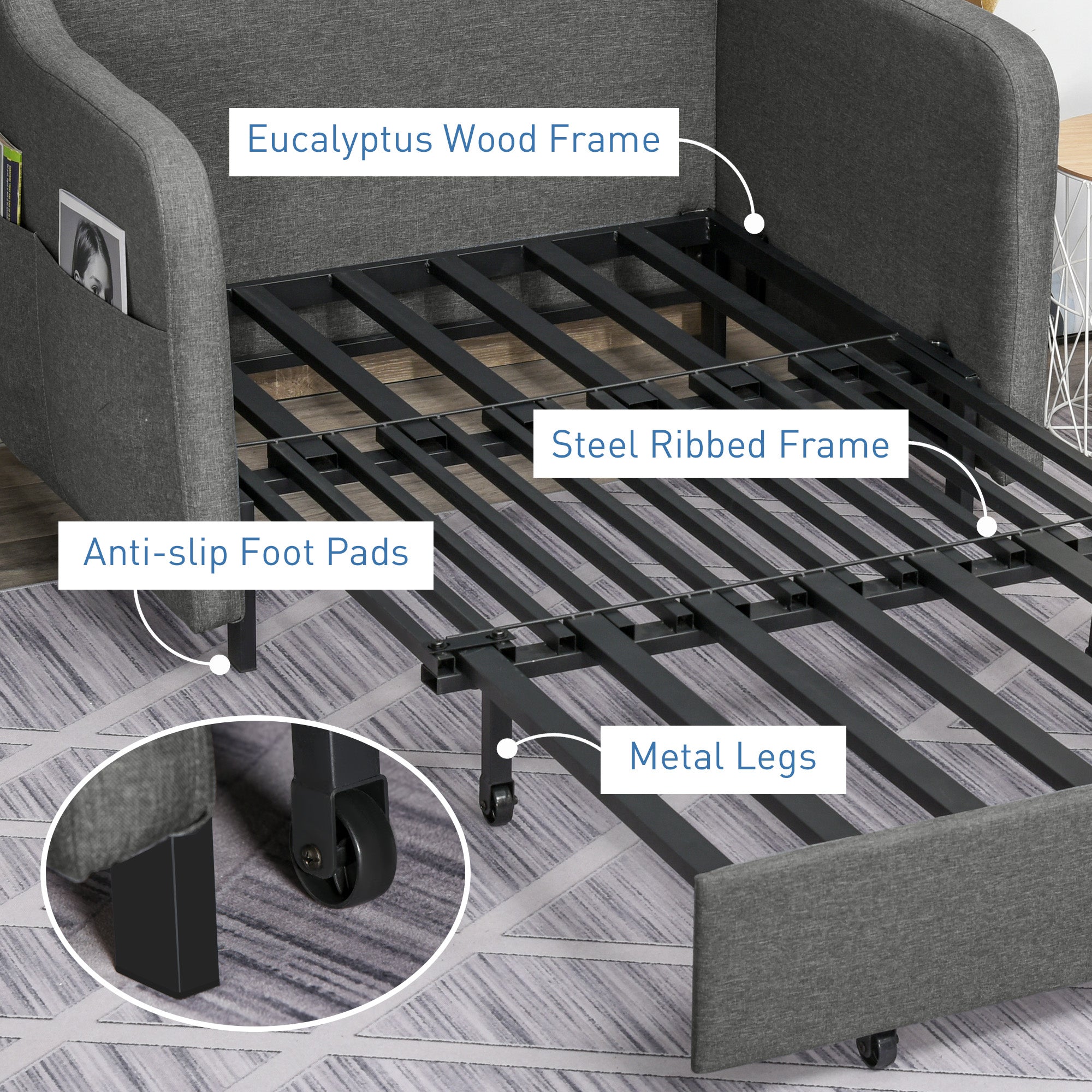 HOMCOM Two-Seater Pull-Out Sofa Bed - Grey - North Peak Garden Furniture