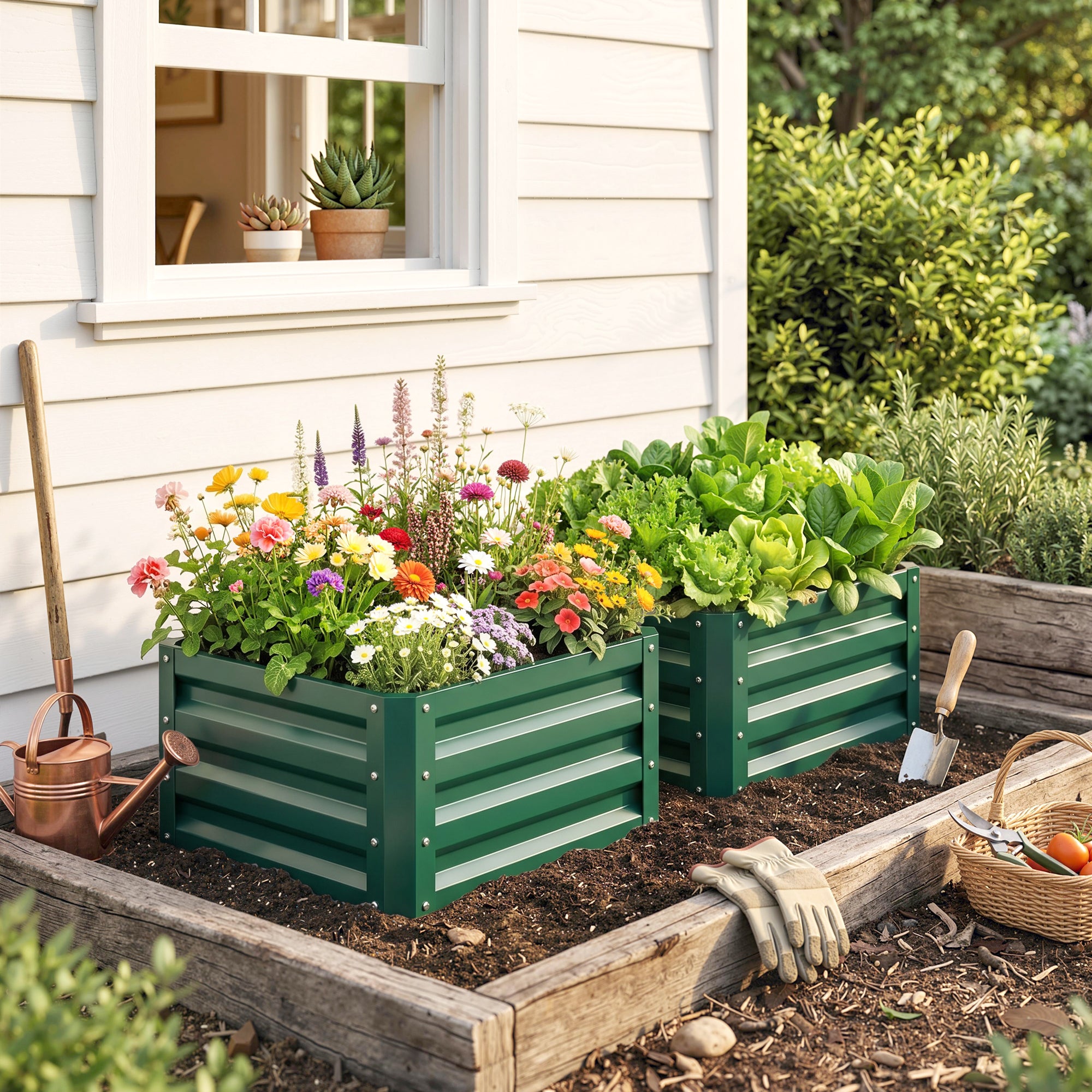 Outsunny Set of 2 Raised Garden Bed, Outdoor Elevated Galvanised Planter Box for Flowers, Herbs, 60x60x30.5cm, Green
