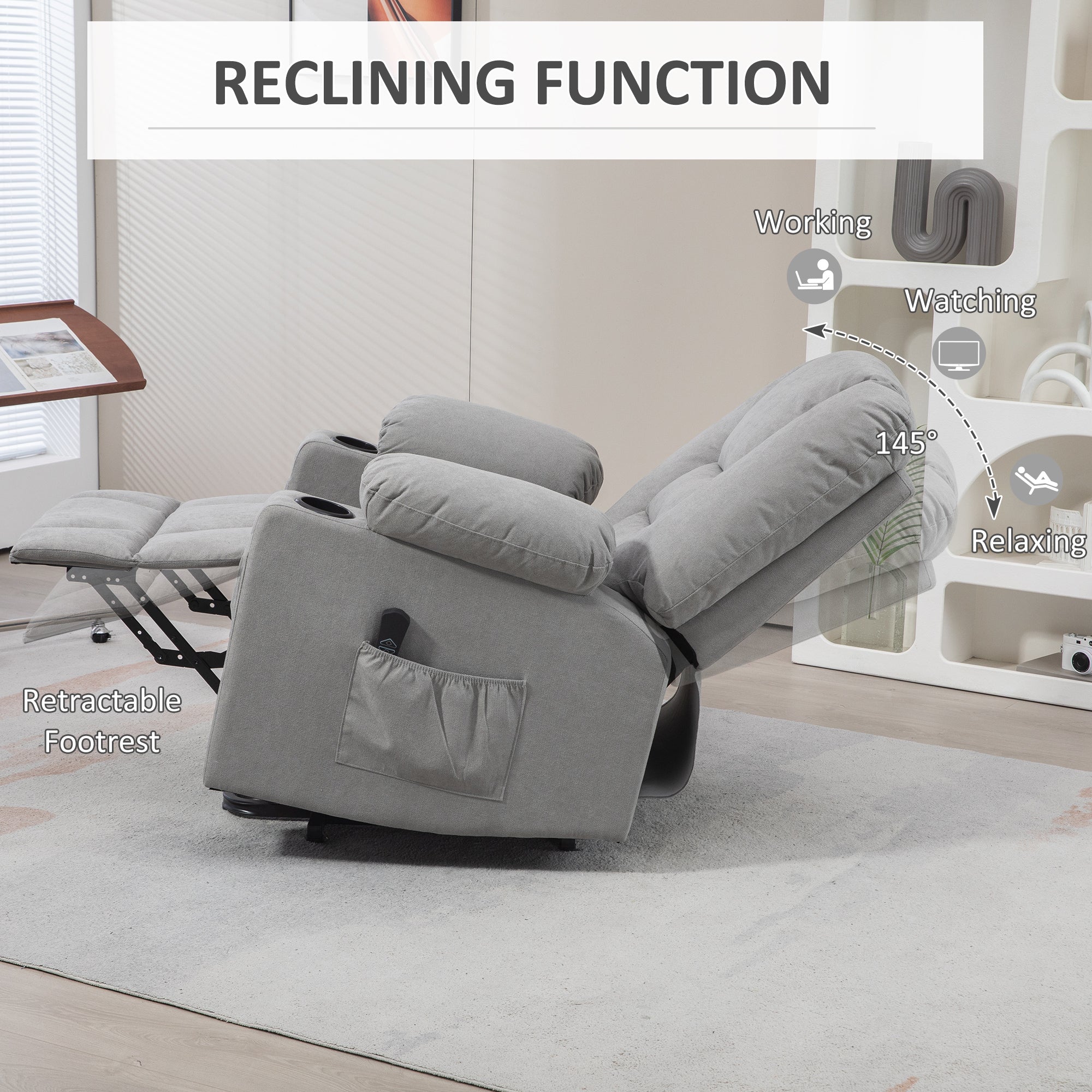 HOMCOM Oversized Riser and Recliner Chairs for the Elderly, Fabric Upholstered Lift Chair for Living Room with Remote Control, Side Pockets, Cup Holder, Light Grey - North Peak Garden Furniture