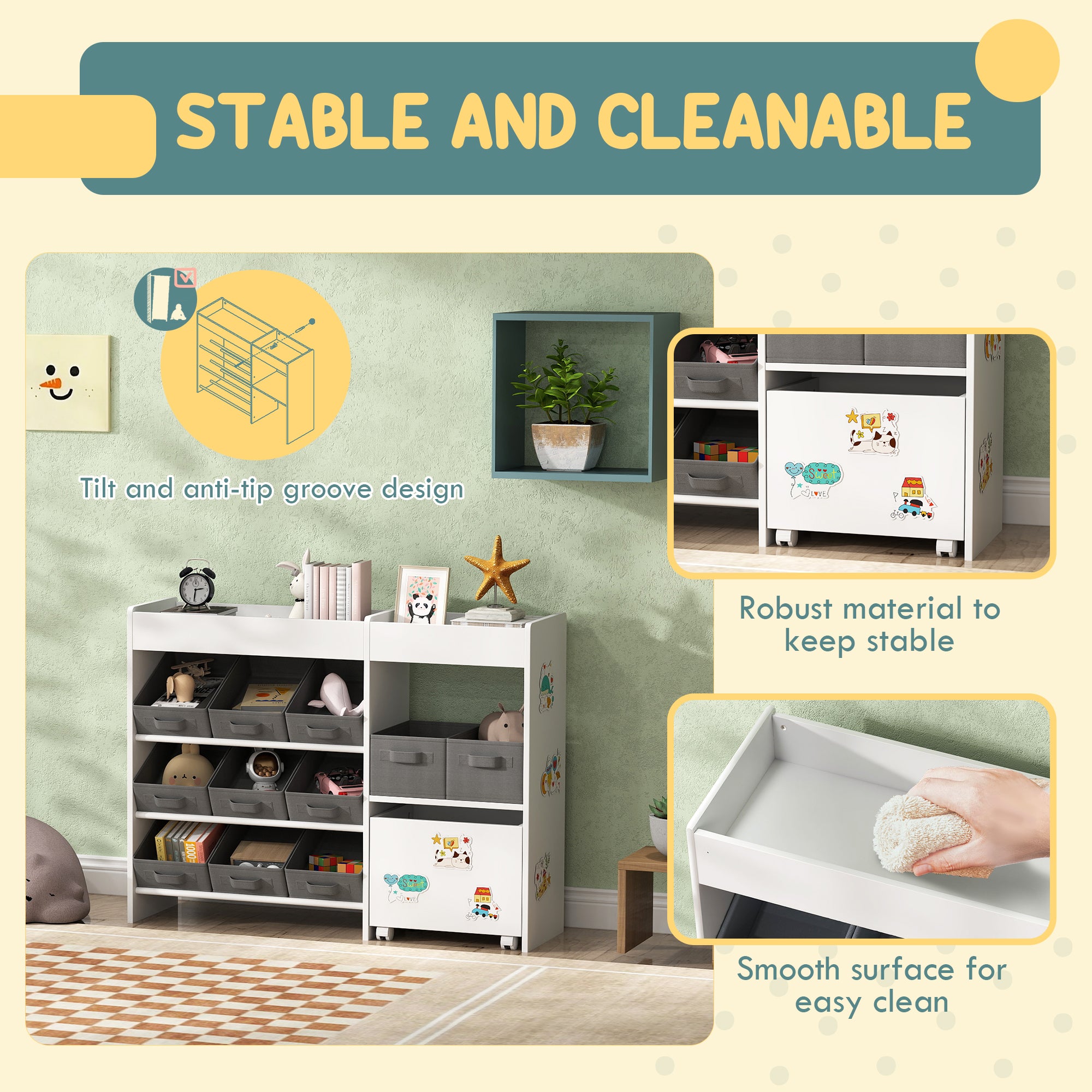 AIYAPLAY Kids Toy Storage Unit with 11 Bins, Cabinet, Top Shelves, 3 Stickers, for Nursery, Playroom, Kindergarten, White - North Peak Garden Furniture