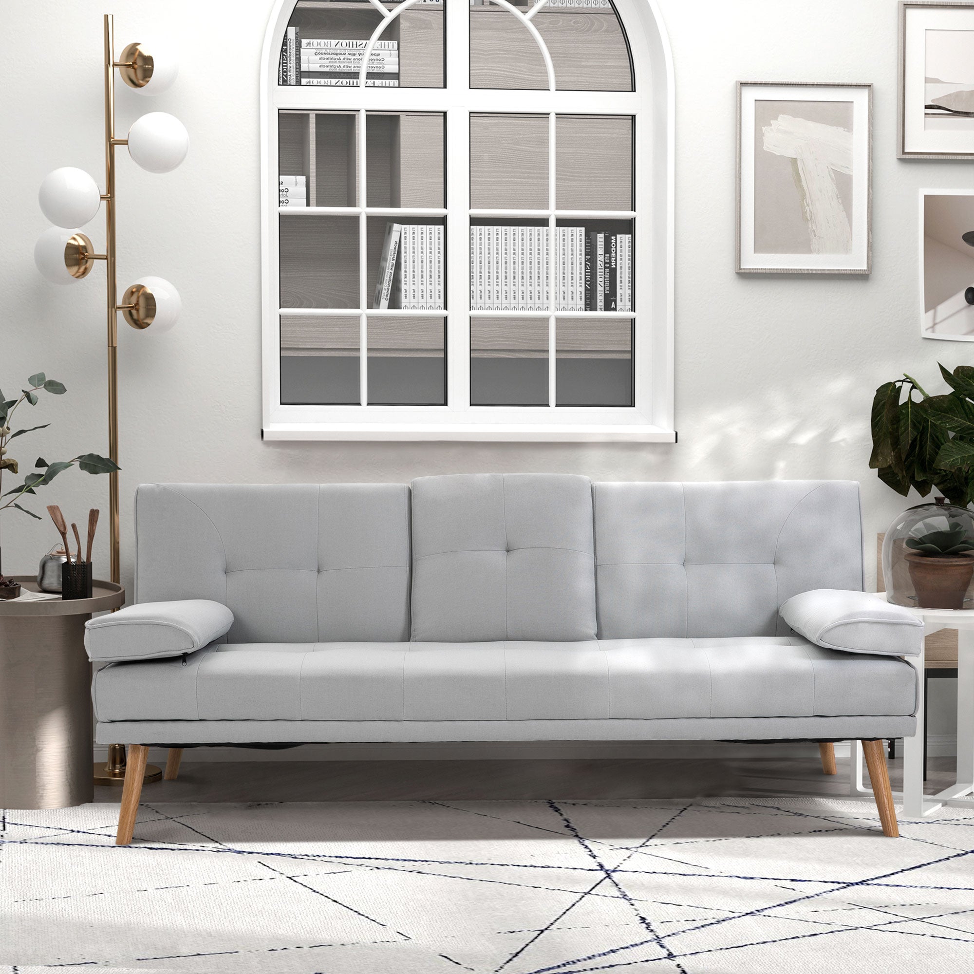 HOMCOM Sofa Bed, Fabric 3-seater Click Clack Sofa Bed with 2 Cup Holders, Convertible Bed Settee, Futon Sofa with Removable Armrest, for Living Room, Spare Room, Bed Room, Guest Room, Grey - North Peak Garden Furniture